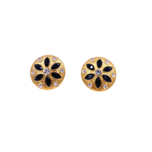 Vintage Napier Gold Round Clip On Earrings with Black and Clear Crystals - The Kit Vintage