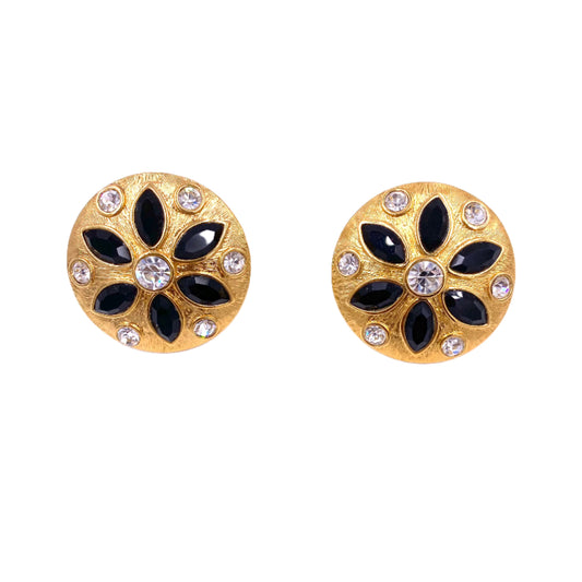 Vintage Napier Gold Round Clip On Earrings with Black and Clear Crystals - The Kit Vintage