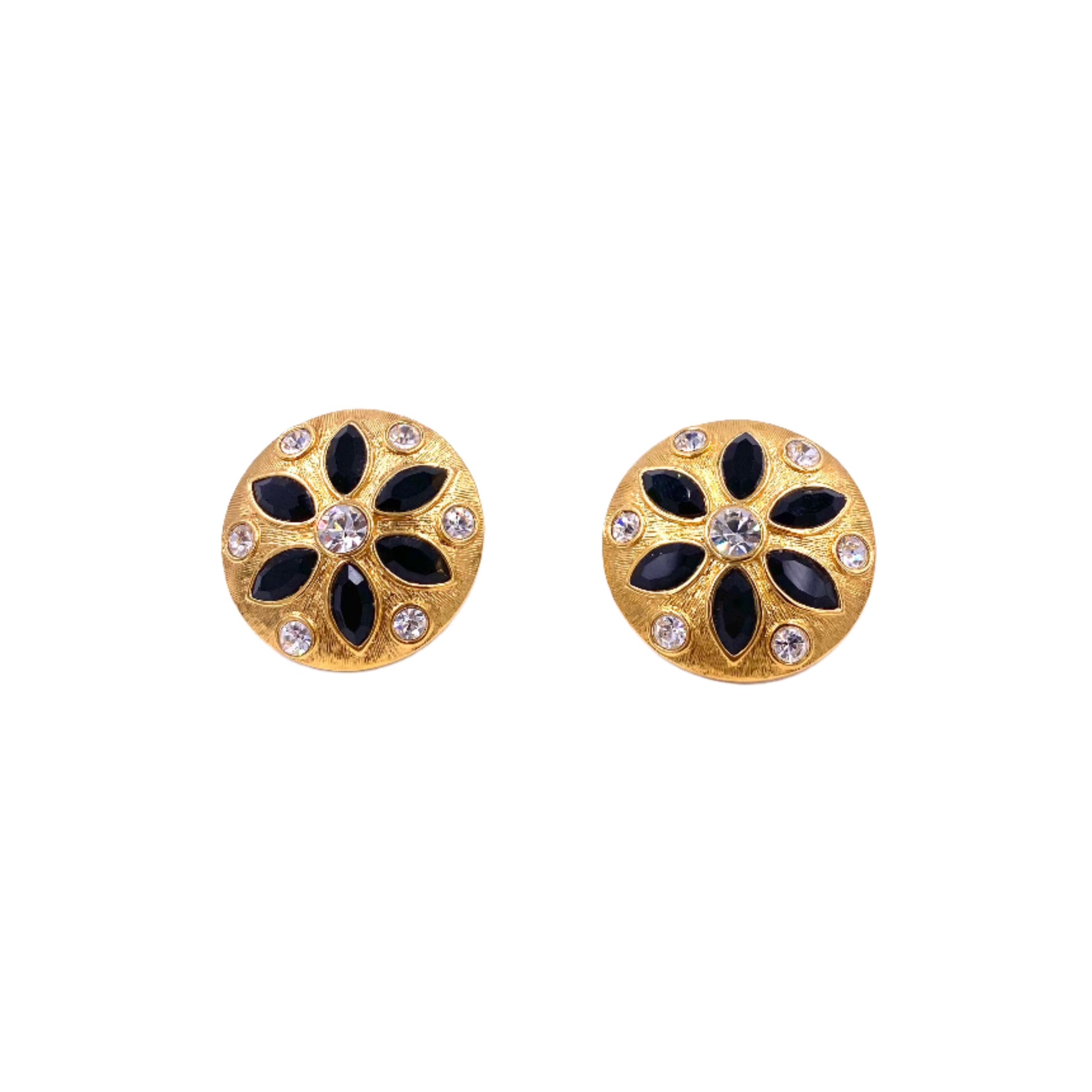 Vintage Napier Gold Round Clip On Earrings with Black and Clear Crystals - The Kit Vintage