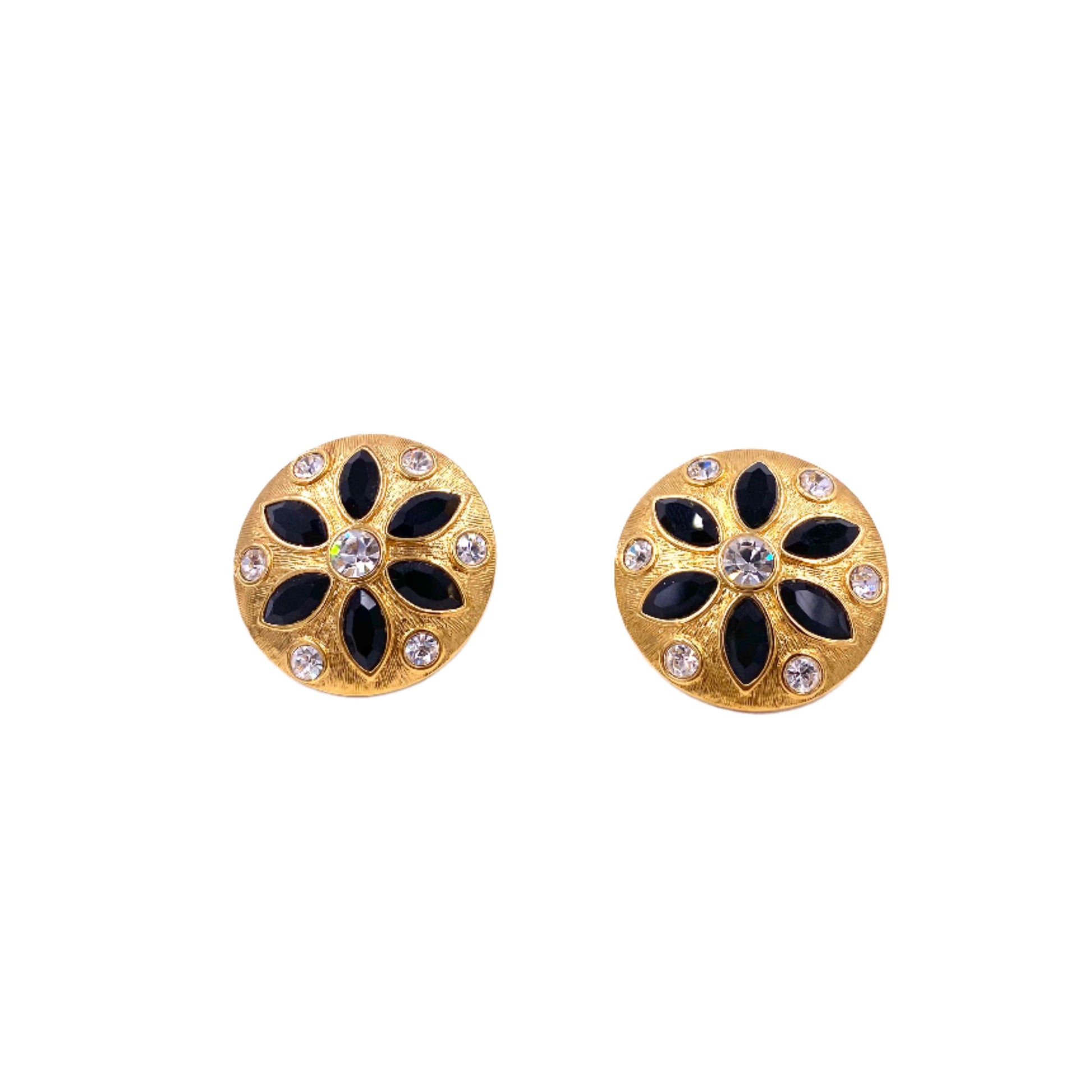 Vintage Napier Gold Round Clip On Earrings with Black and Clear Crystals - The Kit Vintage