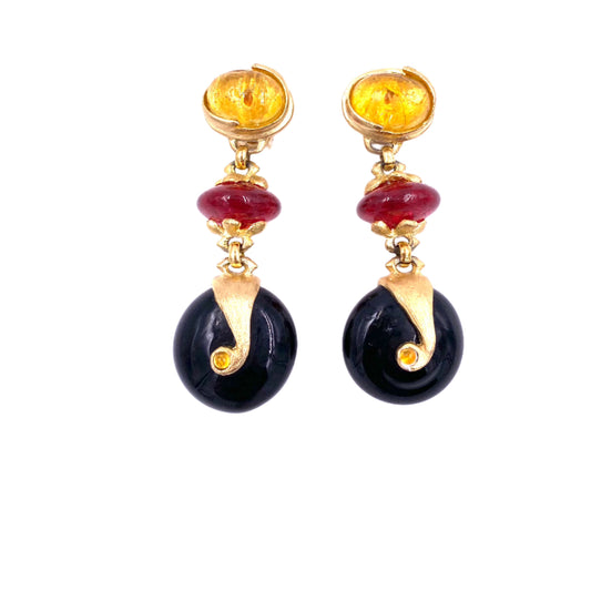 Vintage Cabochon Stone & Gold Dangle Earrings - The Kit Vintage
