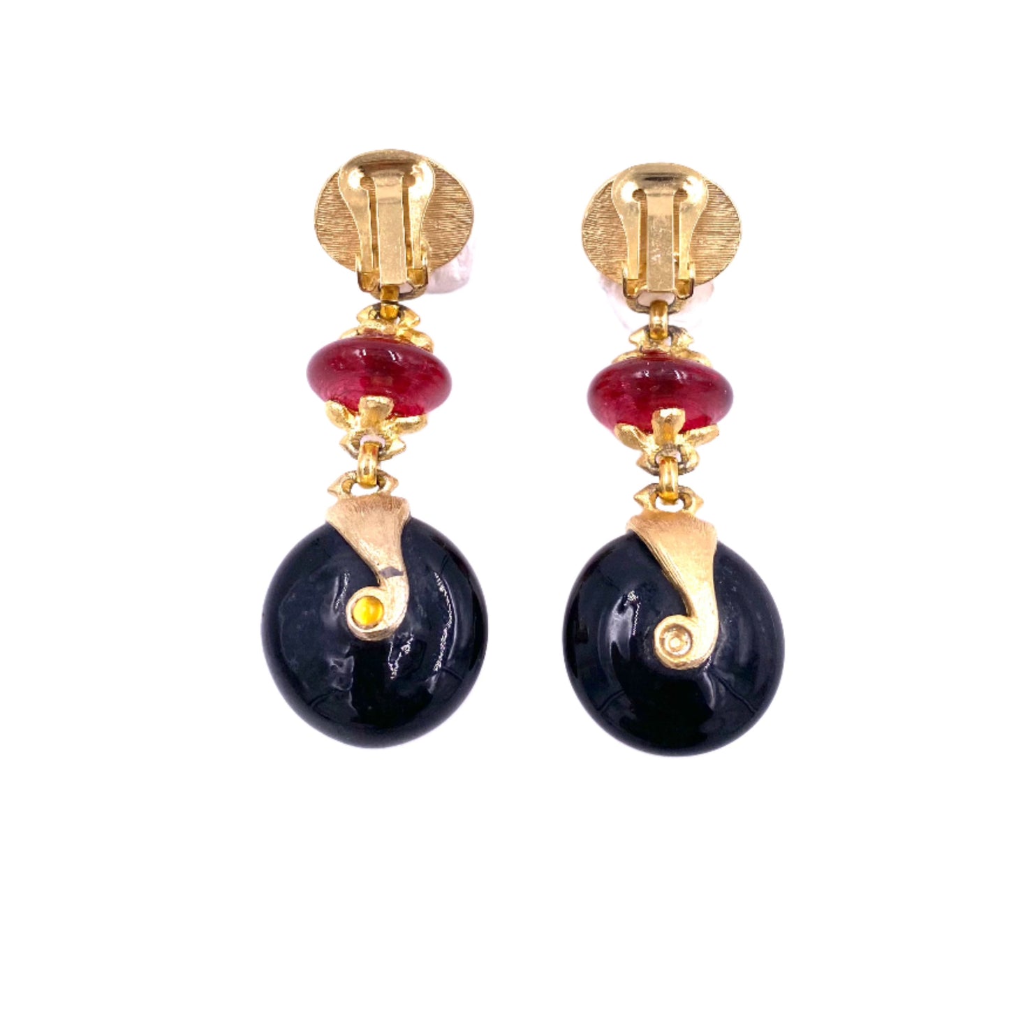 Vintage Cabochon Stone & Gold Dangle Earrings back view of clips