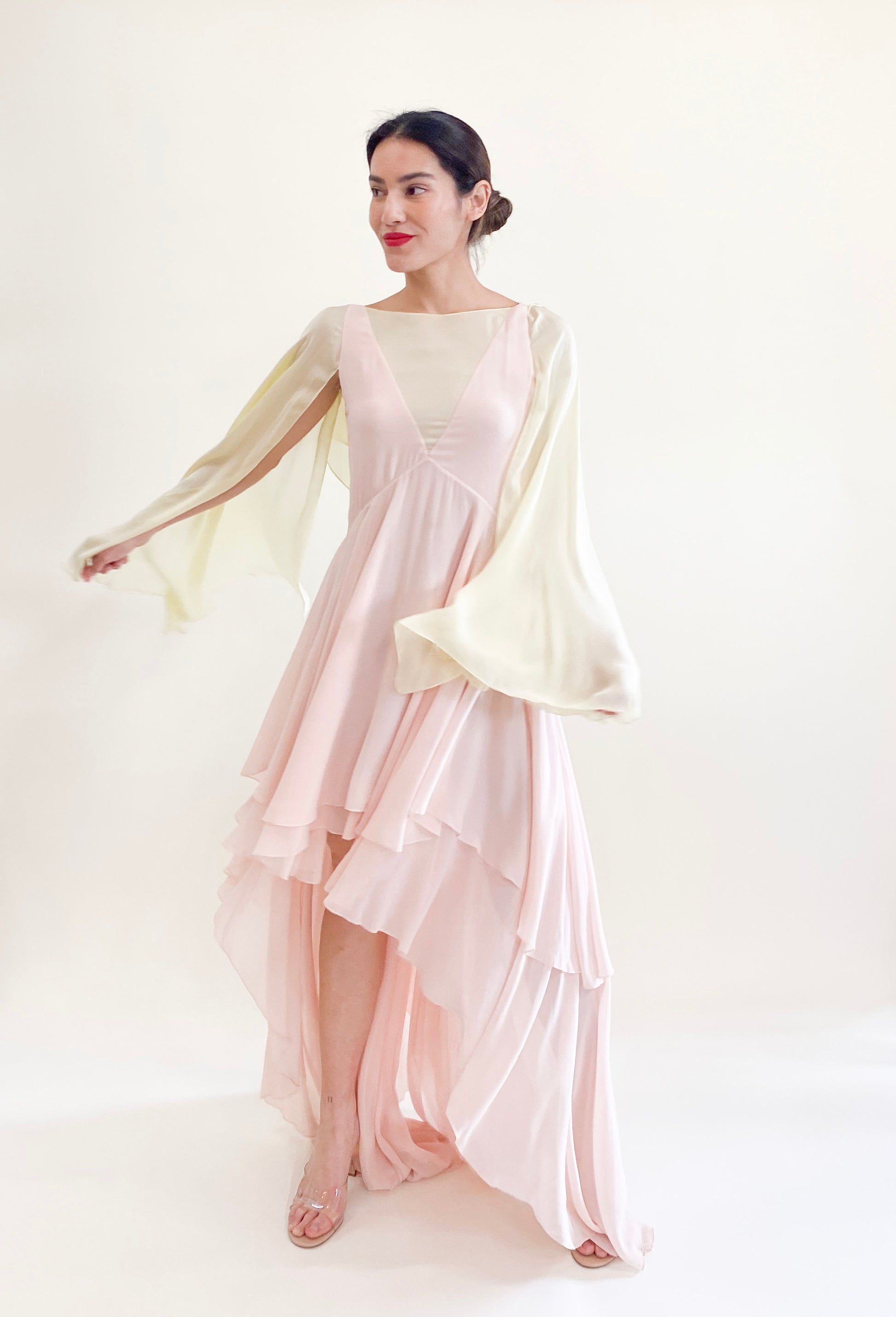 Roberto Cavalli Pastel Pink and Yellow Chiffon Angel Wing Draped High Low Dress - The Kit Vintage