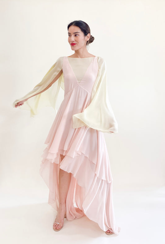 Roberto Cavalli Pastel Pink and Yellow Chiffon Angel Wing Draped High Low Dress - The Kit Vintage