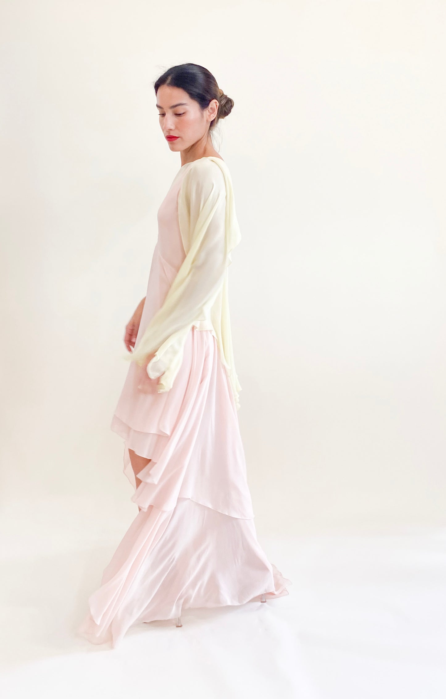 Roberto Cavalli Pastel Pink and Yellow Chiffon Angel Wing Draped High Low Dress Side View