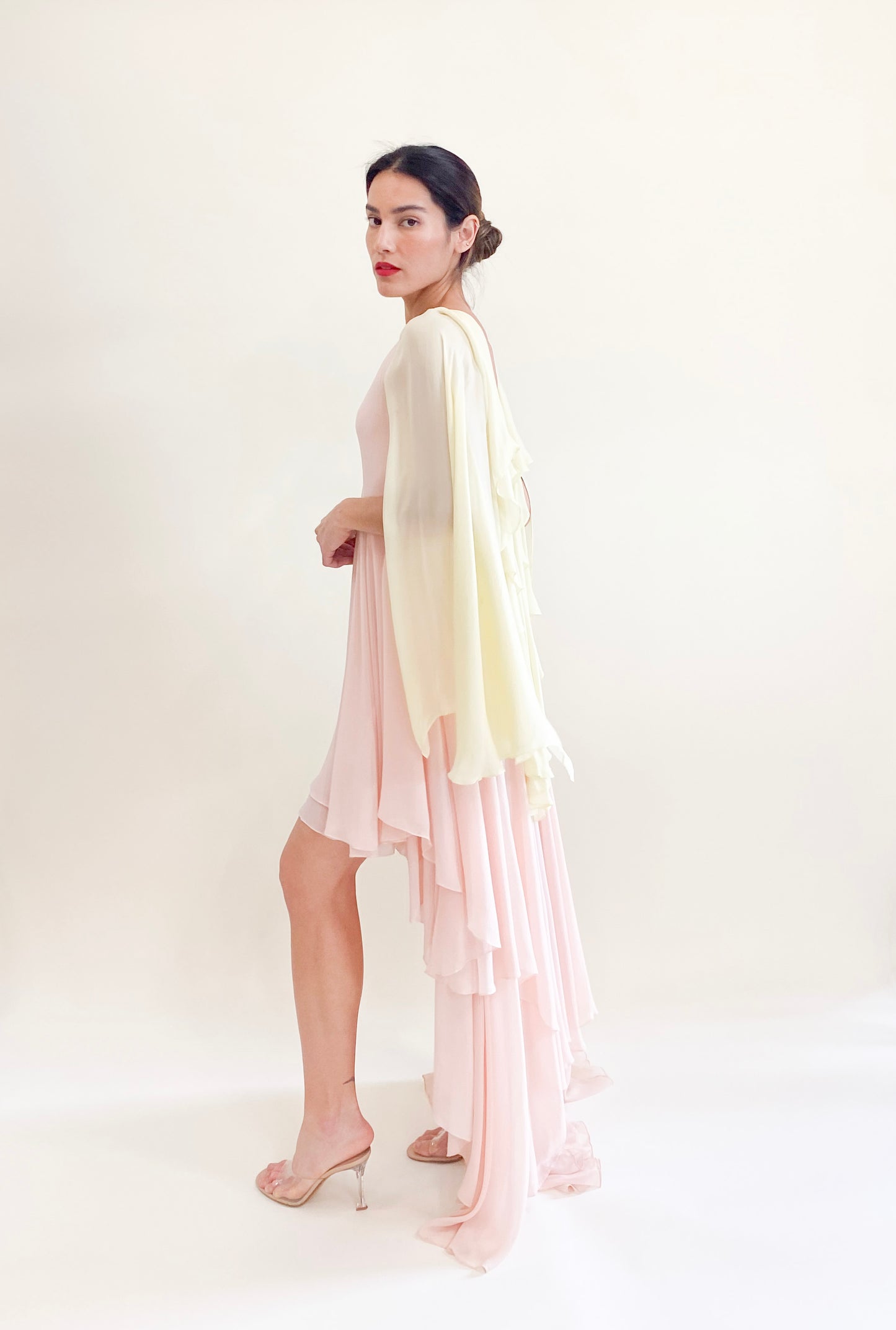 Roberto Cavalli Pastel Pink and Yellow Chiffon Angel Wing Draped High Low Dress 3/4 View