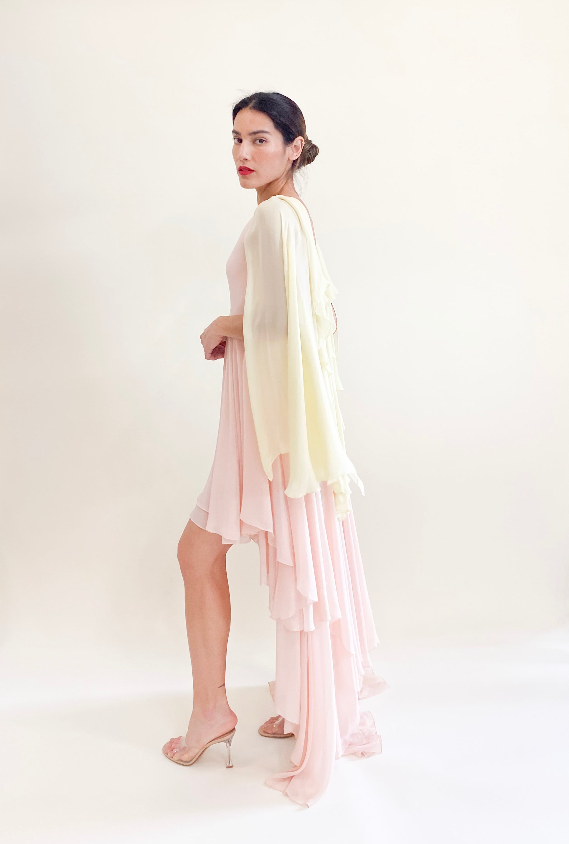 Roberto Cavalli Pastel Pink and Yellow Chiffon Angel Wing Draped High Low Dress - The Kit Vintage