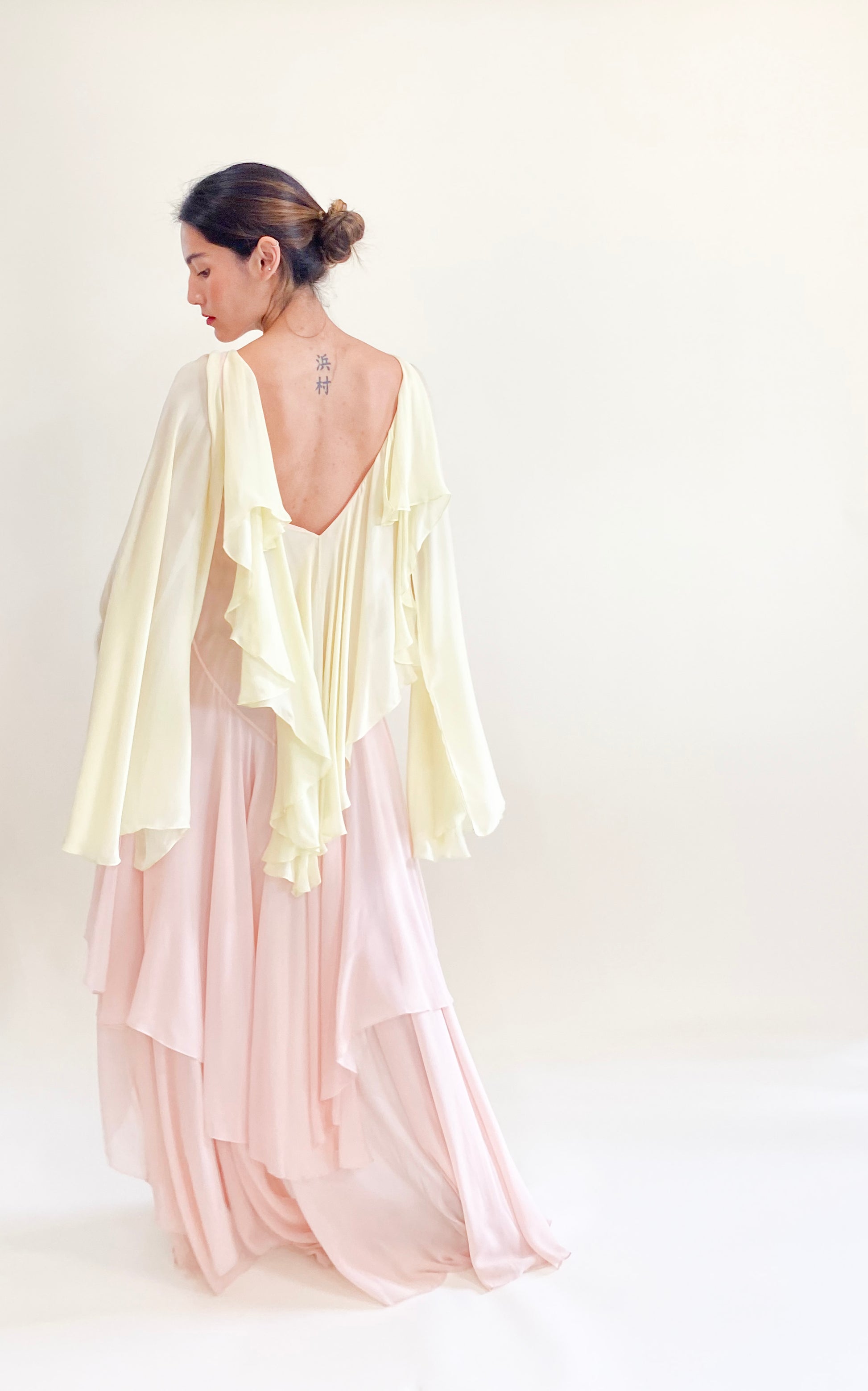 Roberto Cavalli Pastel Pink and Yellow Chiffon Angel Wing Draped High Low Dress - The Kit Vintage