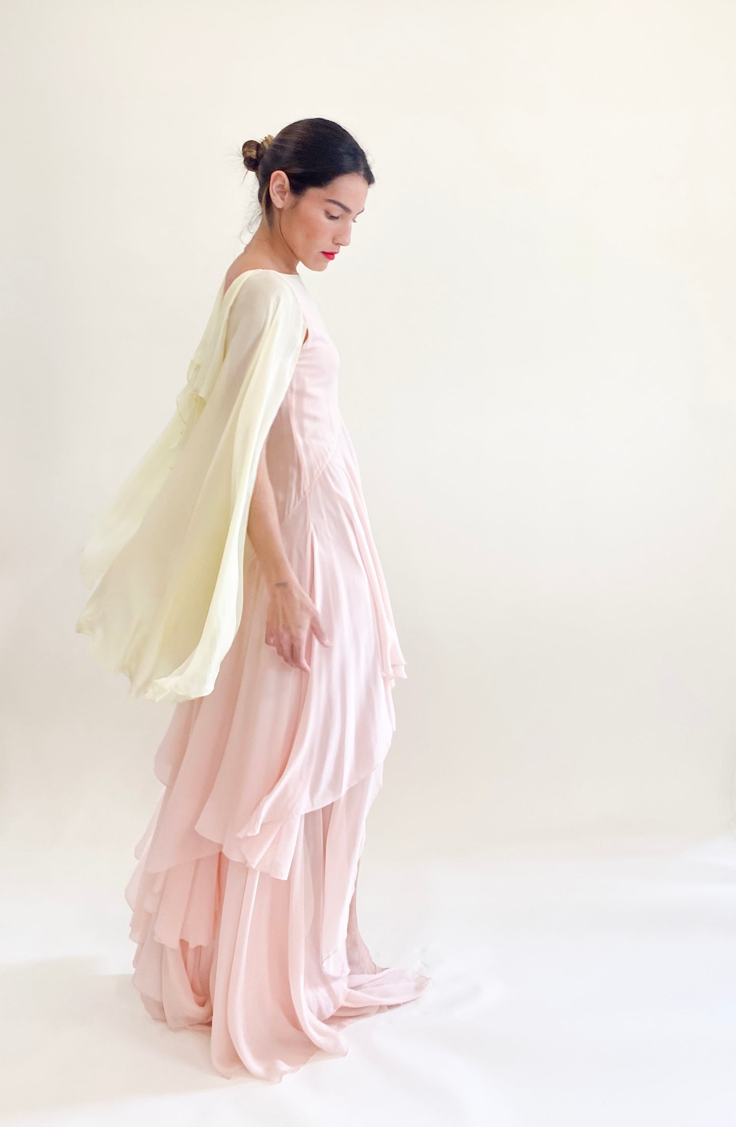 Roberto Cavalli Pastel Pink and Yellow Chiffon Angel Wing Draped High Low Dress Side View
