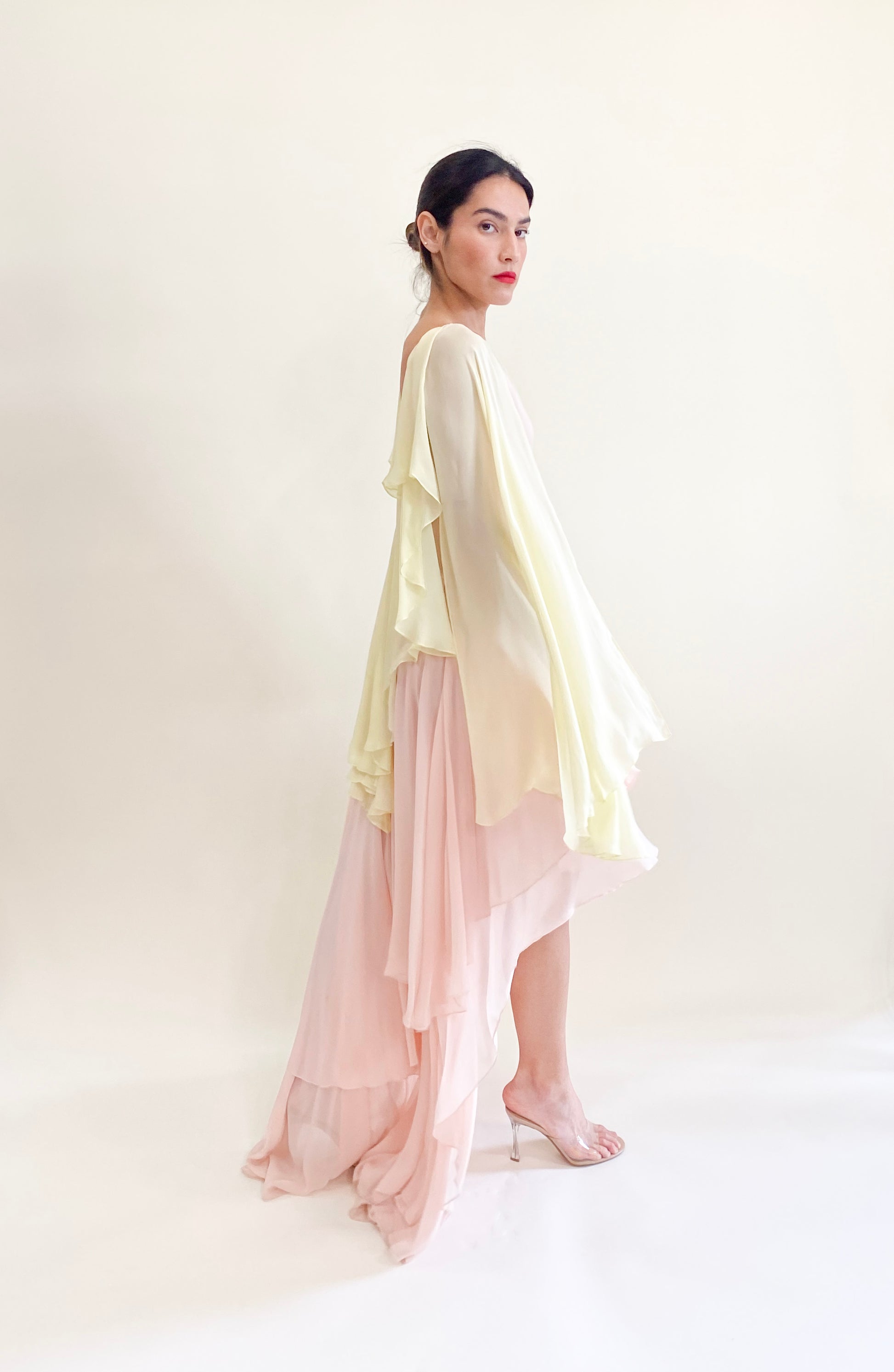 Roberto Cavalli Pastel Pink and Yellow Chiffon Angel Wing Draped High Low Dress - The Kit Vintage