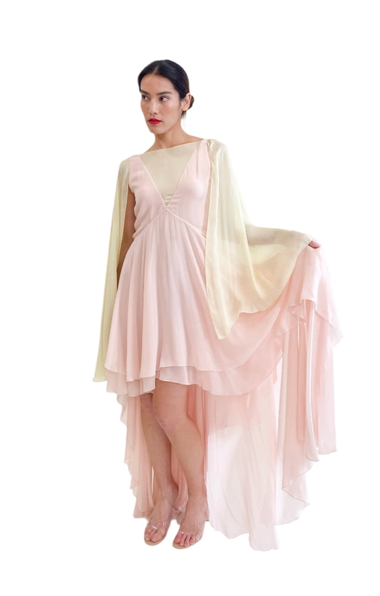 Roberto Cavalli Pastel Pink and Yellow Chiffon Angel Wing Draped High Low Dress - The Kit Vintage