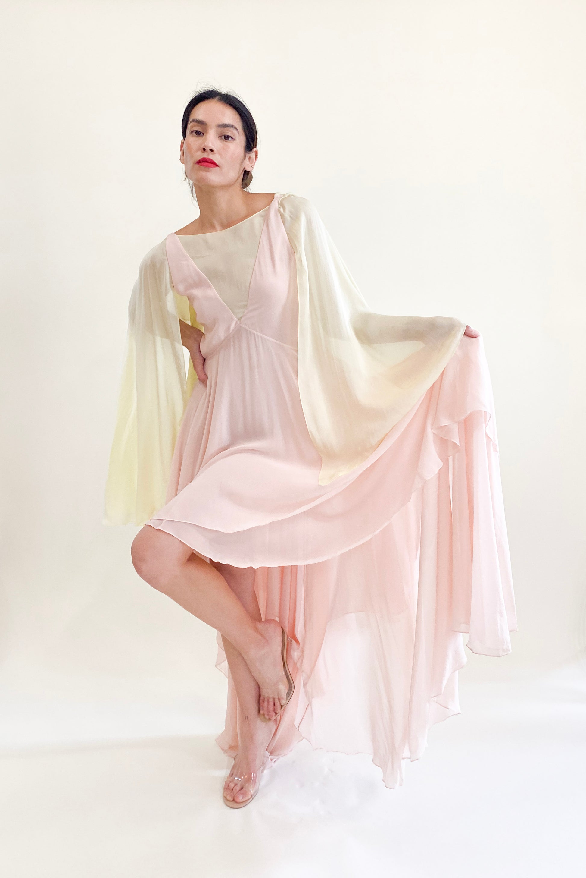 Roberto Cavalli Pastel Pink and Yellow Chiffon Angel Wing Draped High Low Dress - The Kit Vintage