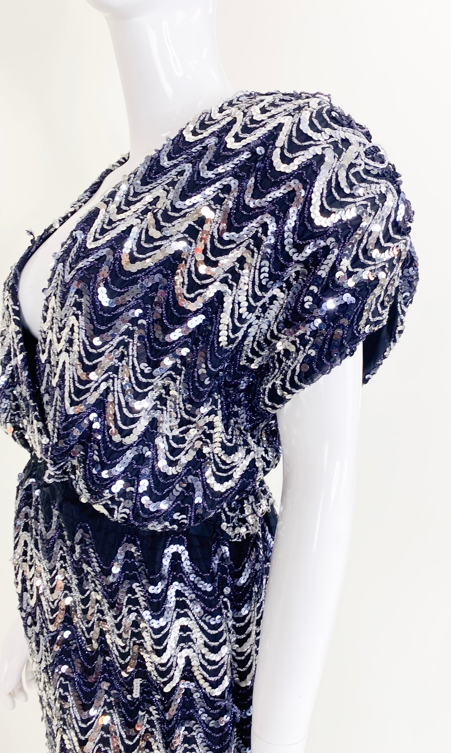 Vintage 1980s Black and Silver Sequin Gown