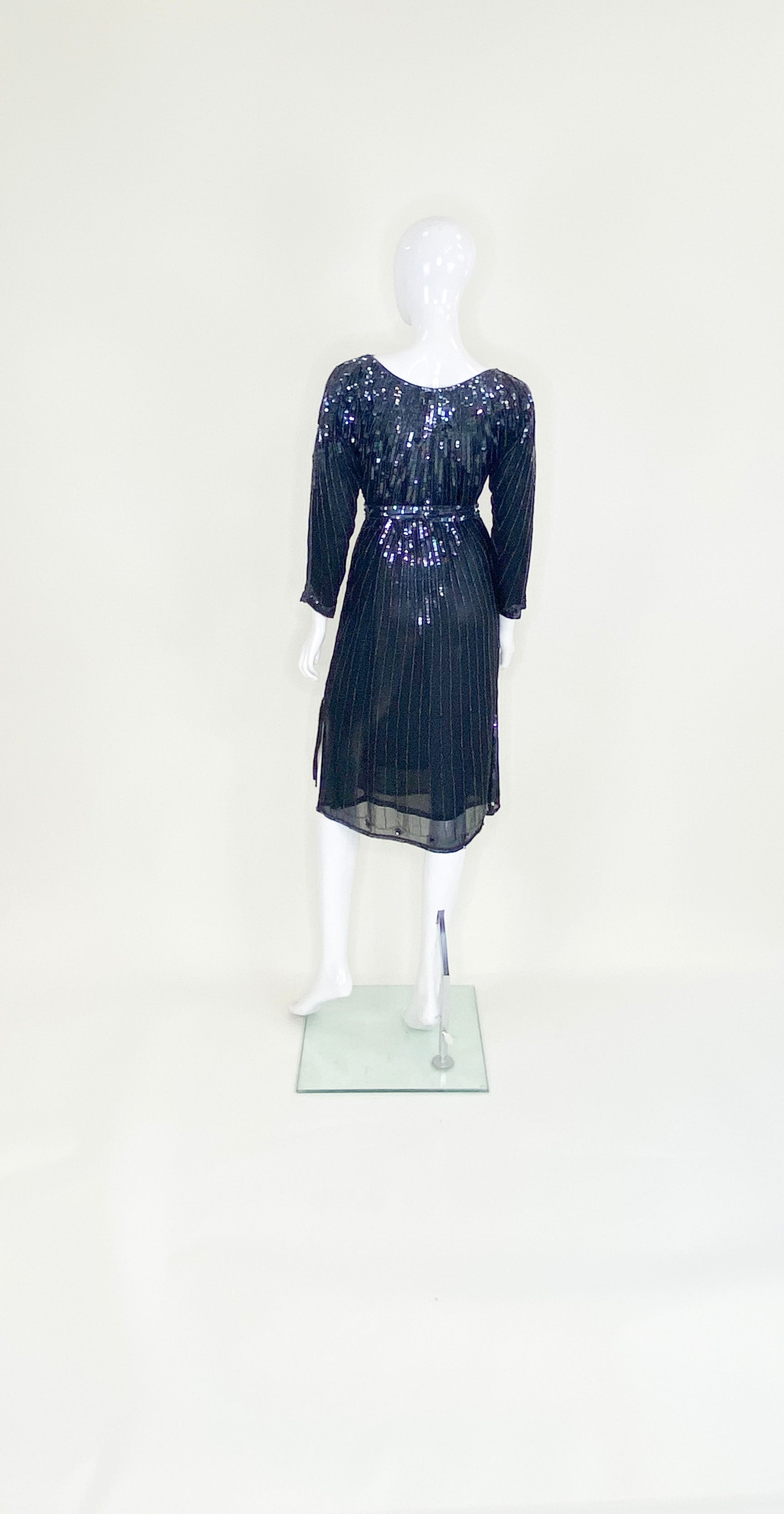 Vintage La Mendola Black Silk W/ Sequin Belted Dress - The Kit Vintage