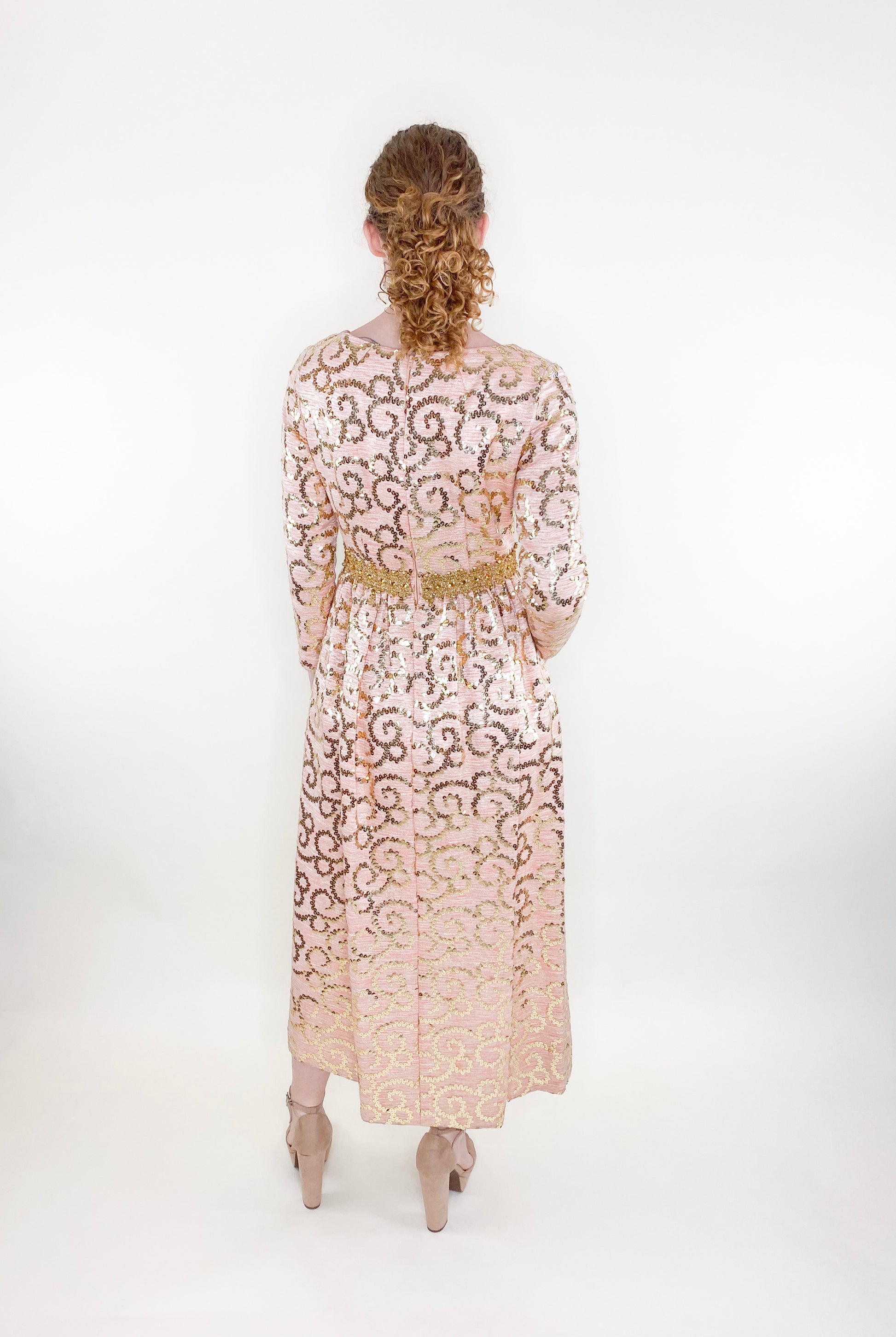 Vintage Lisa Meril Coral Colored Gold Sequin Empire Waist Dress - The Kit Vintage