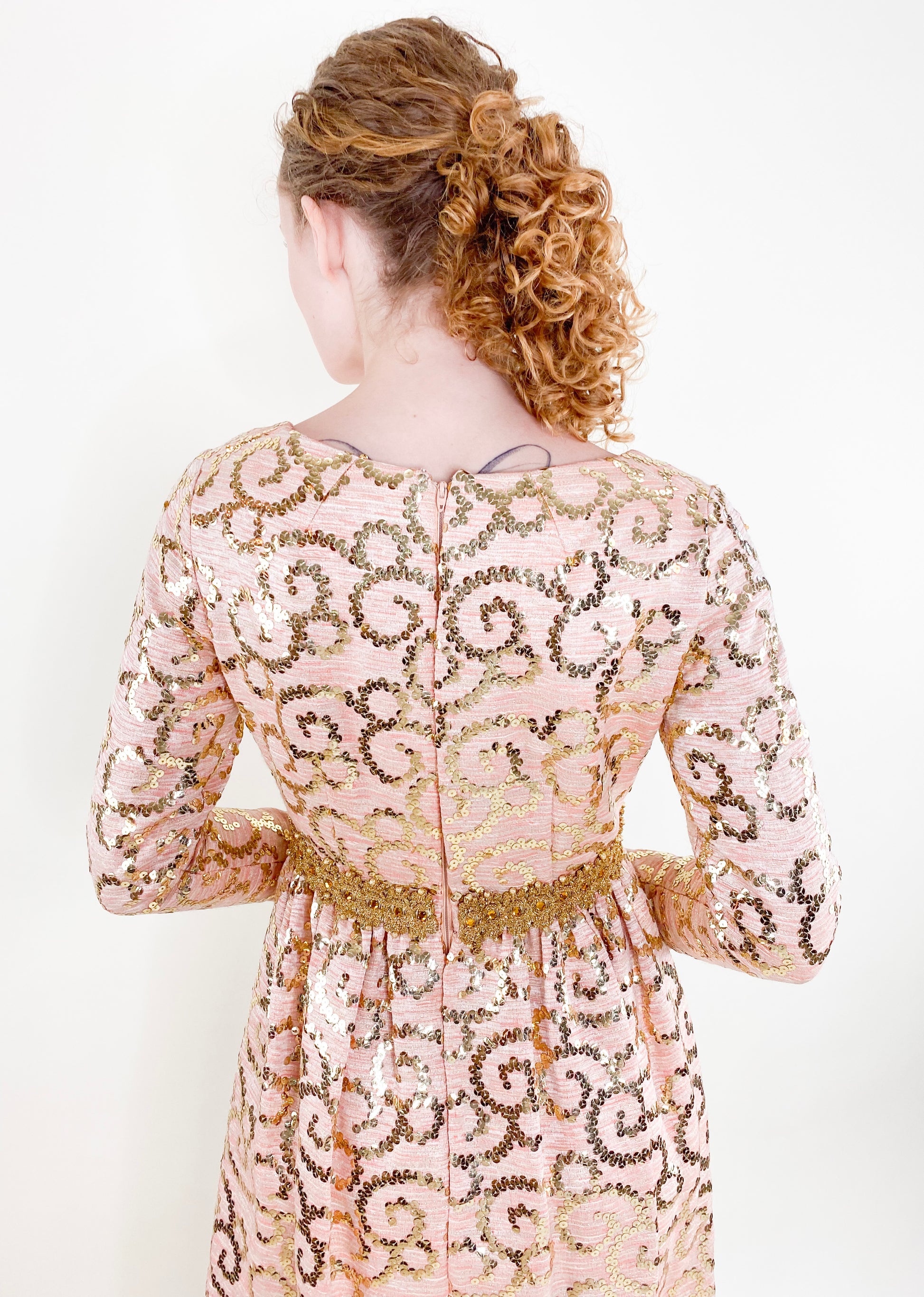 Vintage Lisa Meril Coral Colored Gold Sequin Empire Waist Dress - The Kit Vintage