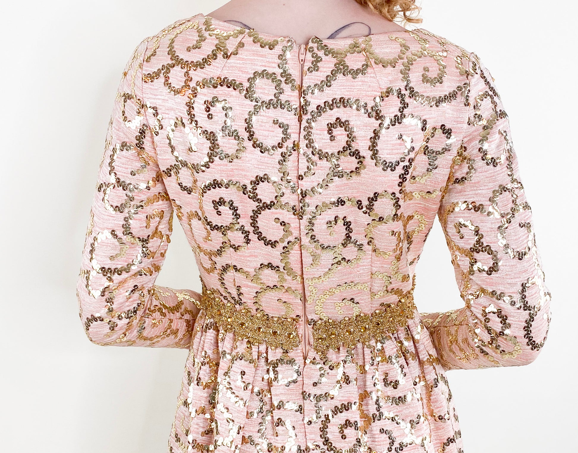 Vintage Lisa Meril Coral Colored Gold Sequin Empire Waist Dress - The Kit Vintage