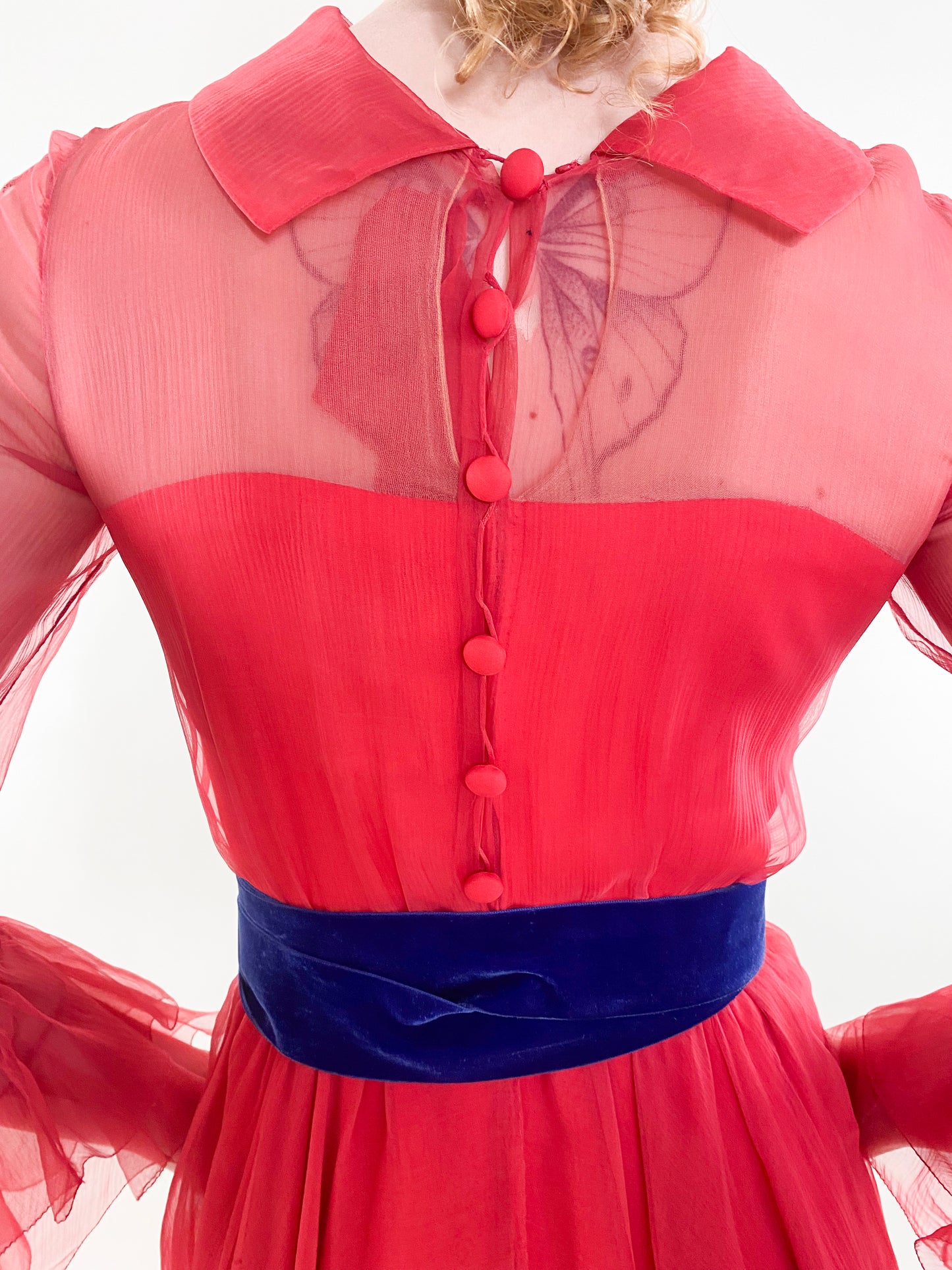 Vintage 1960s Oscar De La Renta for Jane Derby Red Chiffon Dress back view