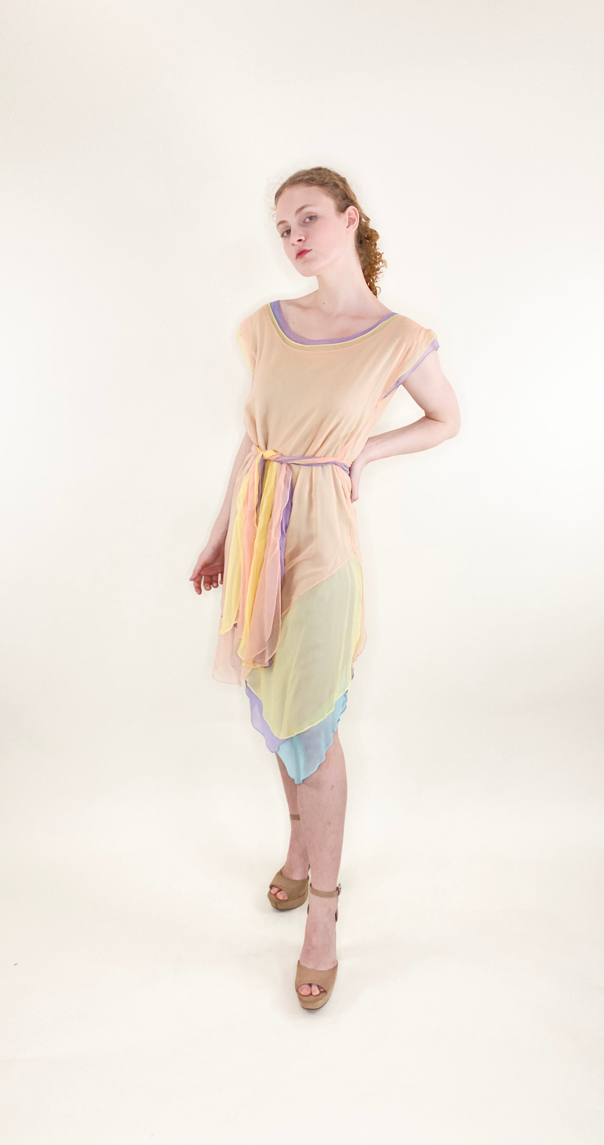 Giorgio Sant Angelo Resort 1983/1984 Multi Pastel Color Chiffon Dress W Belt - The Kit Vintage