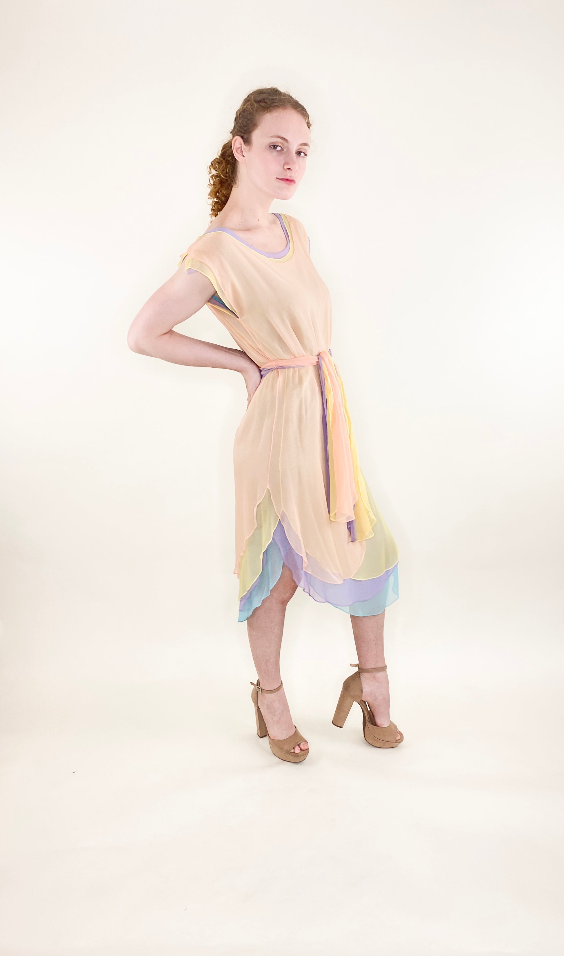 Giorgio Sant Angelo Resort 1983/1984 Multi Pastel Color Chiffon Dress W Belt - The Kit Vintage