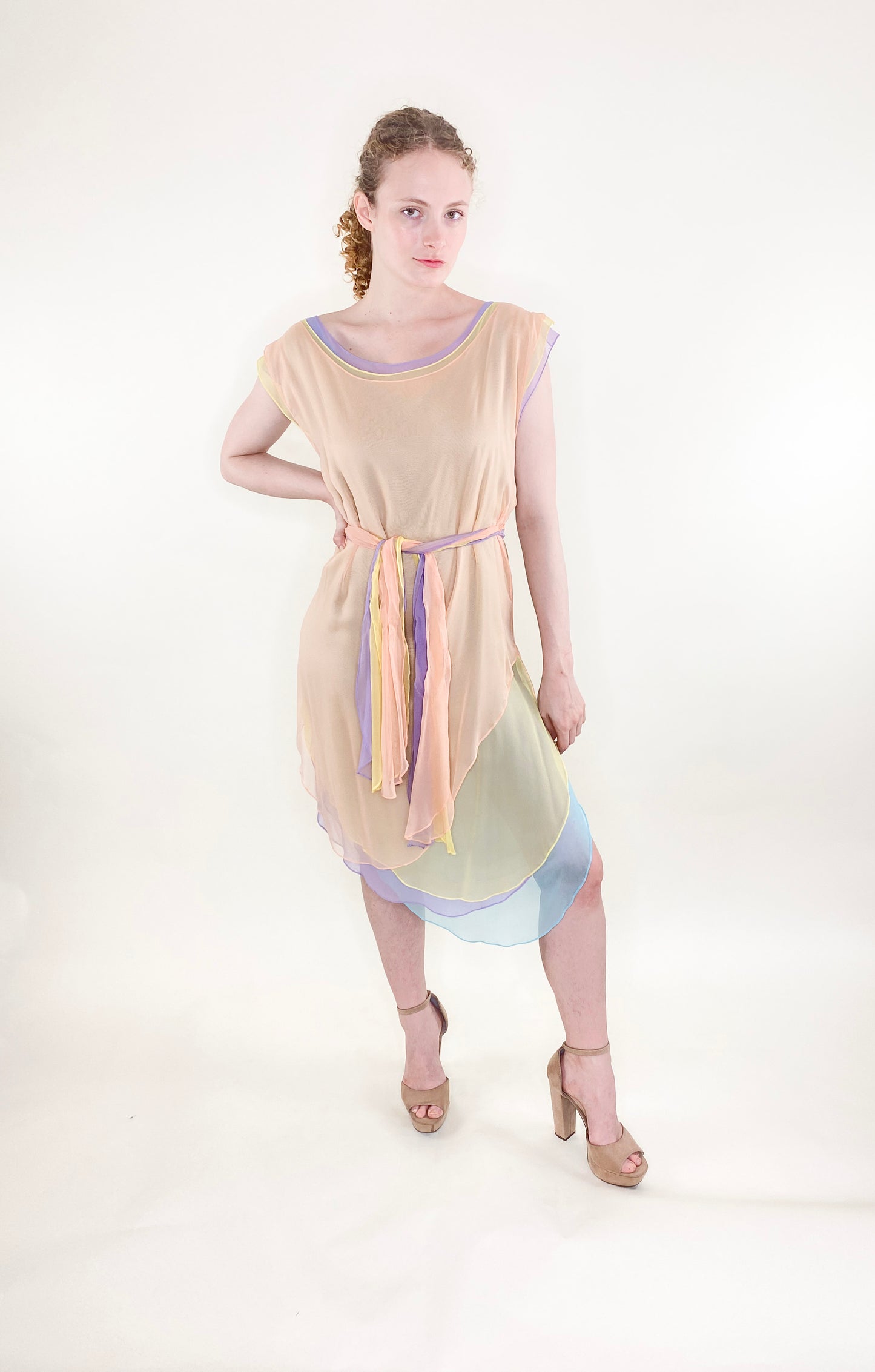 Giorgio Sant Angelo Resort 1983/1984 Multi Pastel Color Chiffon Dress W Belt
