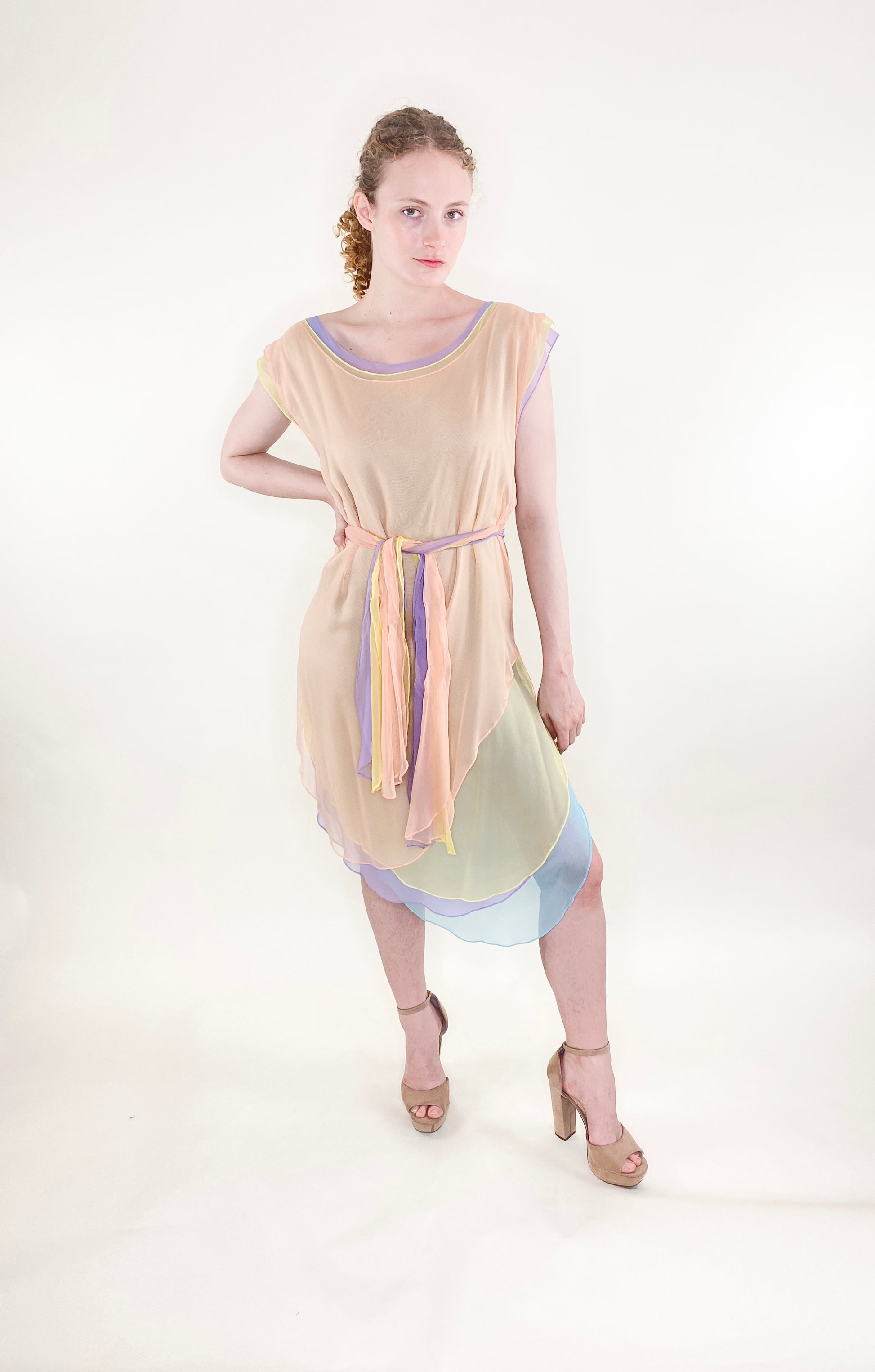 Giorgio Sant Angelo Resort 1983/1984 Multi Pastel Color Chiffon Dress W Belt - The Kit Vintage