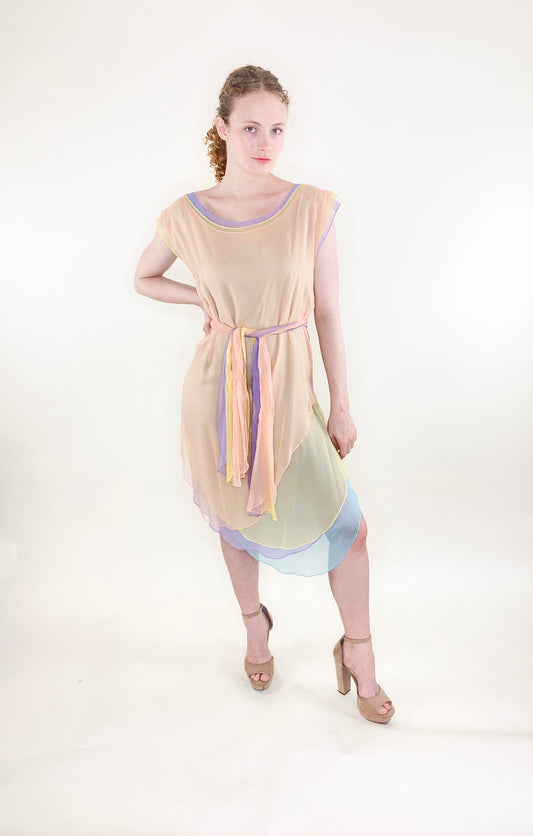 Giorgio Sant Angelo Resort 1983/1984 Multi Pastel Color Chiffon Dress W Belt - The Kit Vintage