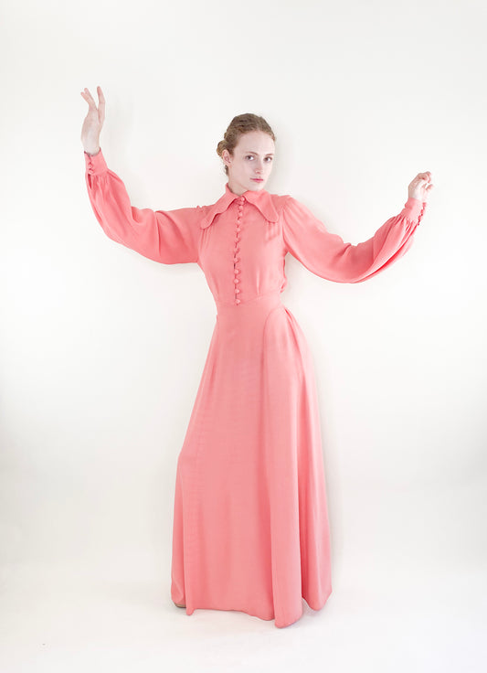 Vintage Ossie Clark 1970's Salmon Pink Crepe Maxi Dress - The Kit Vintage