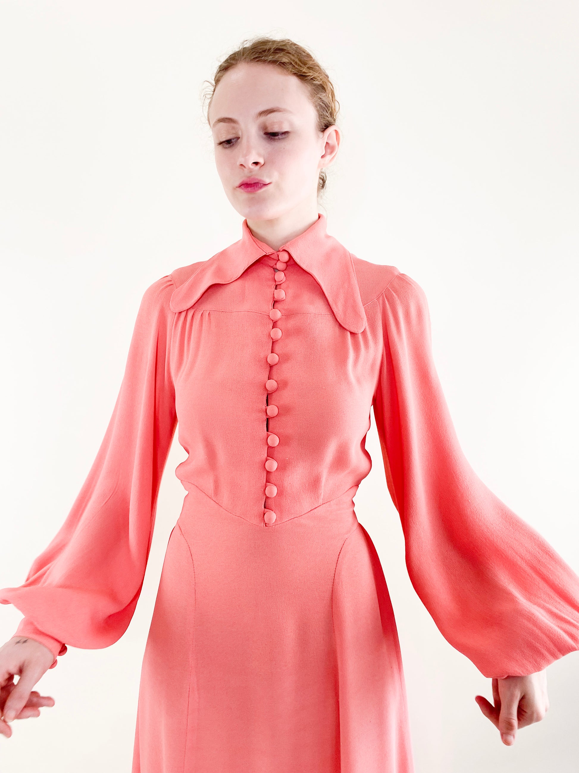 Vintage Ossie Clark 1970's Salmon Pink Crepe Maxi Dress - The Kit Vintage