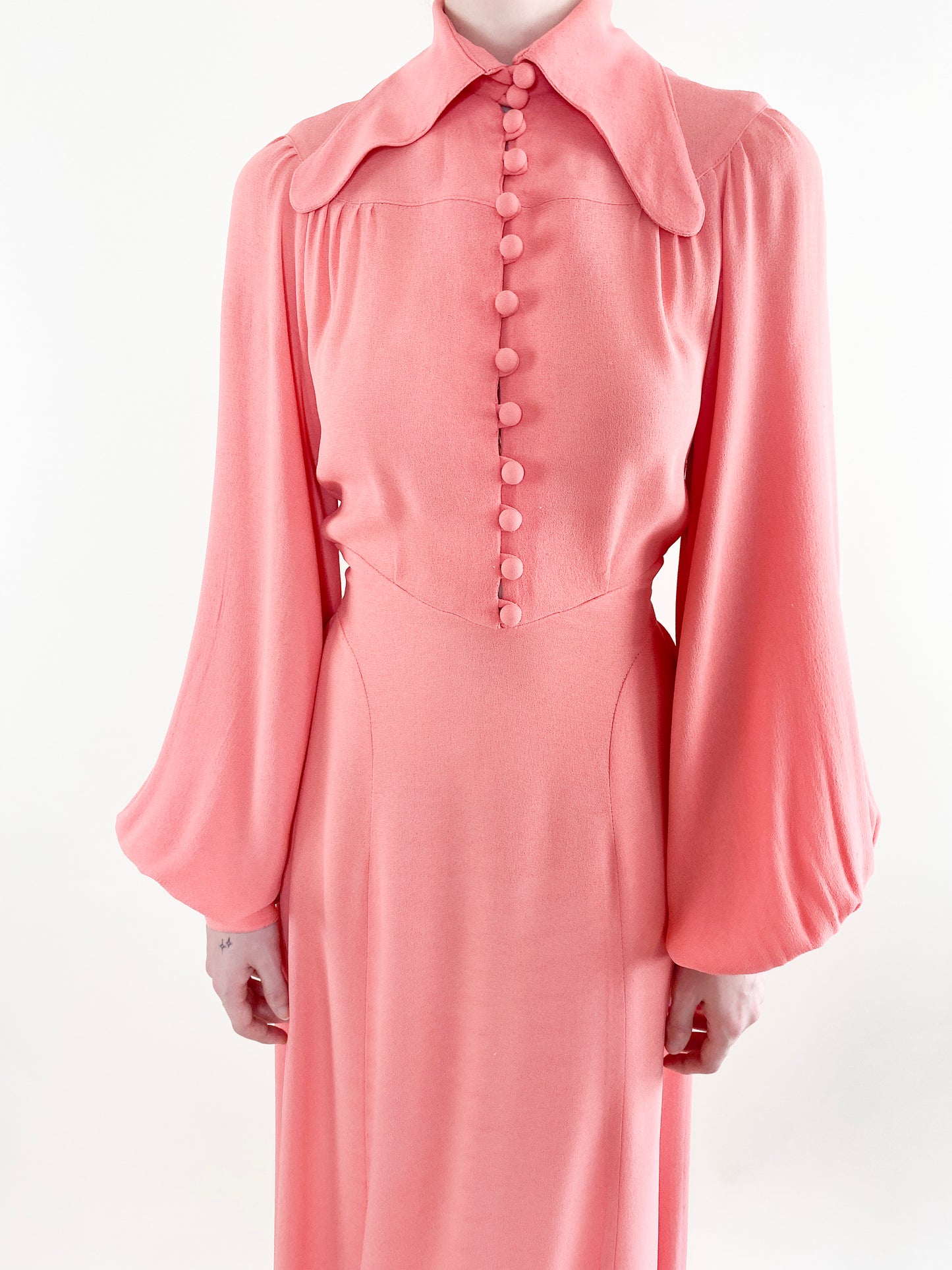 Vintage Ossie Clarke 1970's Salmon Pink Crepe Maxi Dress close up front