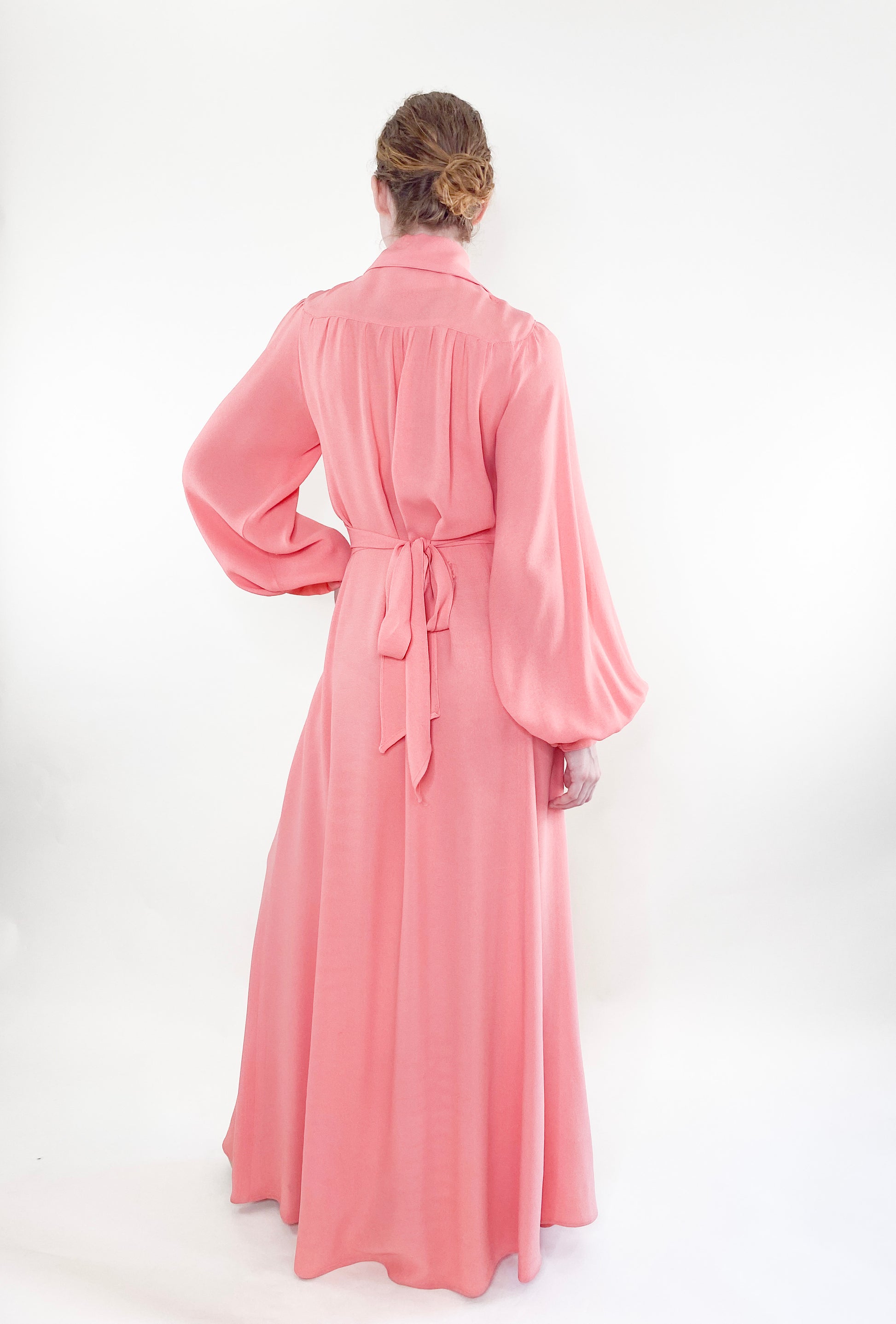 Vintage Ossie Clark 1970's Salmon Pink Crepe Maxi Dress - The Kit Vintage