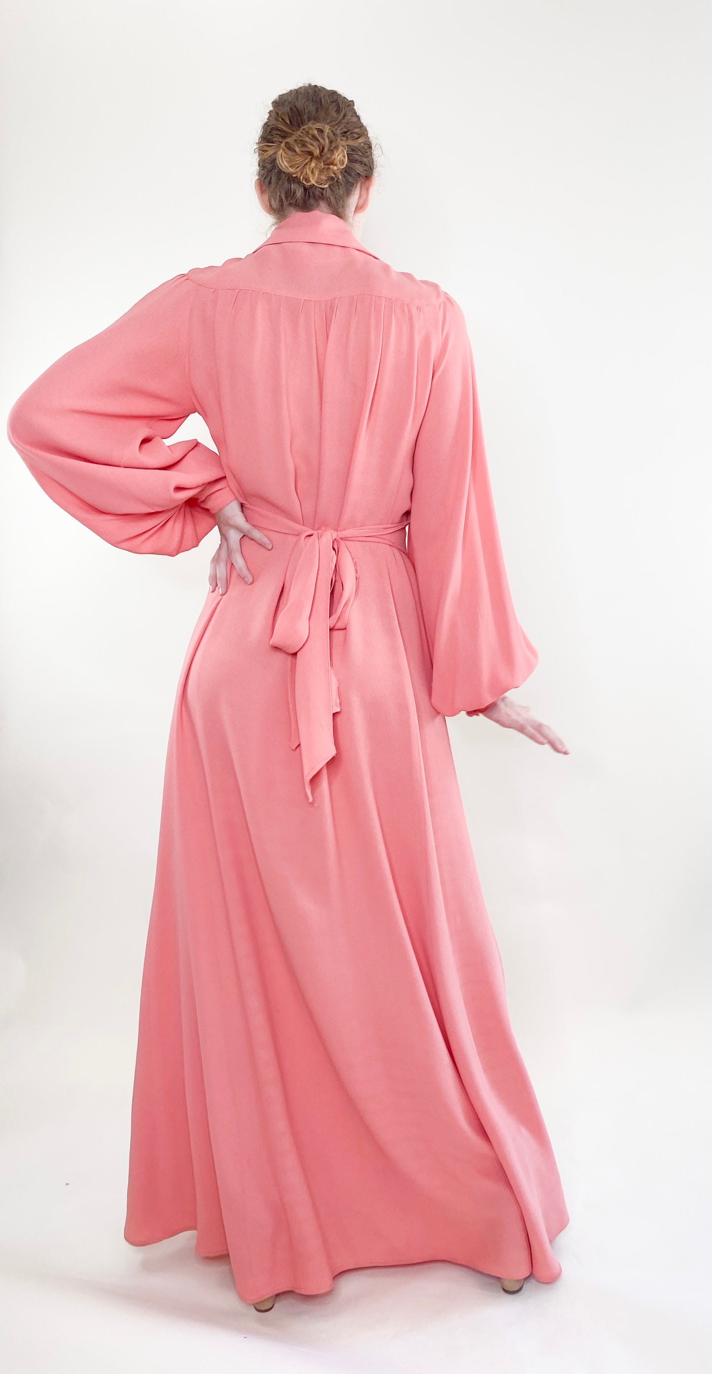 Vintage Ossie Clarke 1970's Salmon Pink Crepe Maxi Dress back of dress