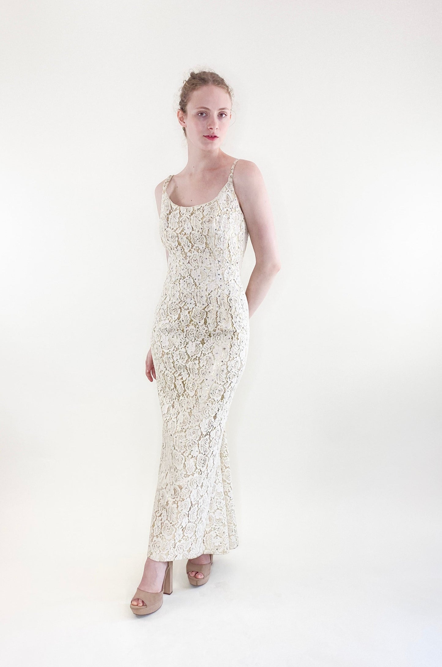 Vintage Mr. Blackwell 1960's White Lace with Lamé & Rhinestone Gown
