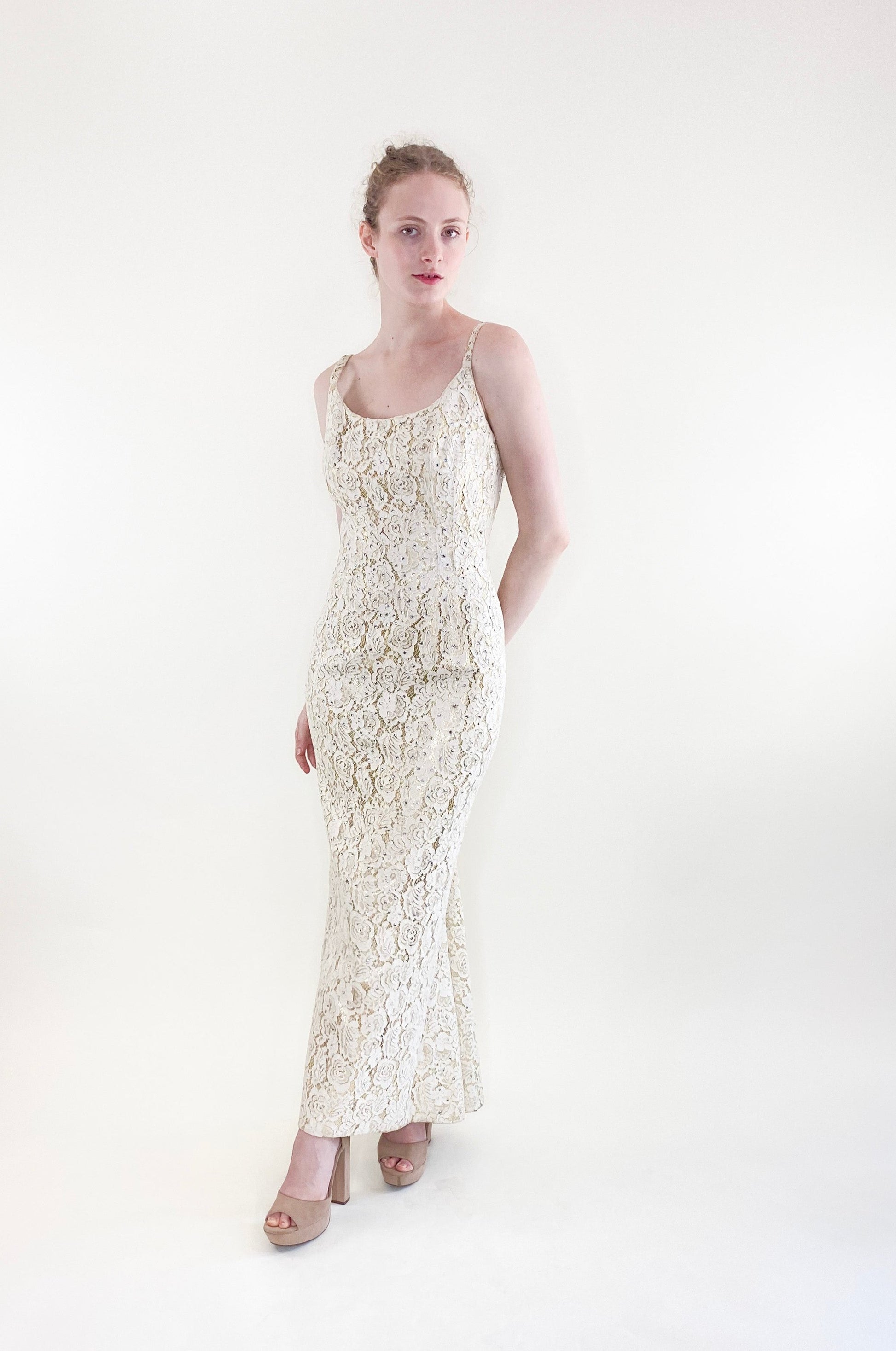 Vintage Mr. Blackwell 1960's White Lace with Lamé & Rhinestone Gown - The Kit Vintage