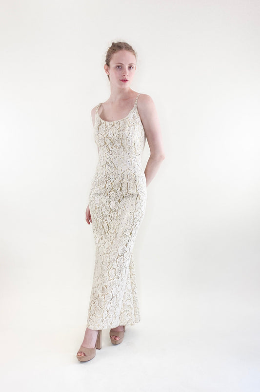 Vintage Mr. Blackwell 1960's White Lace with Lamé & Rhinestone Gown - The Kit Vintage