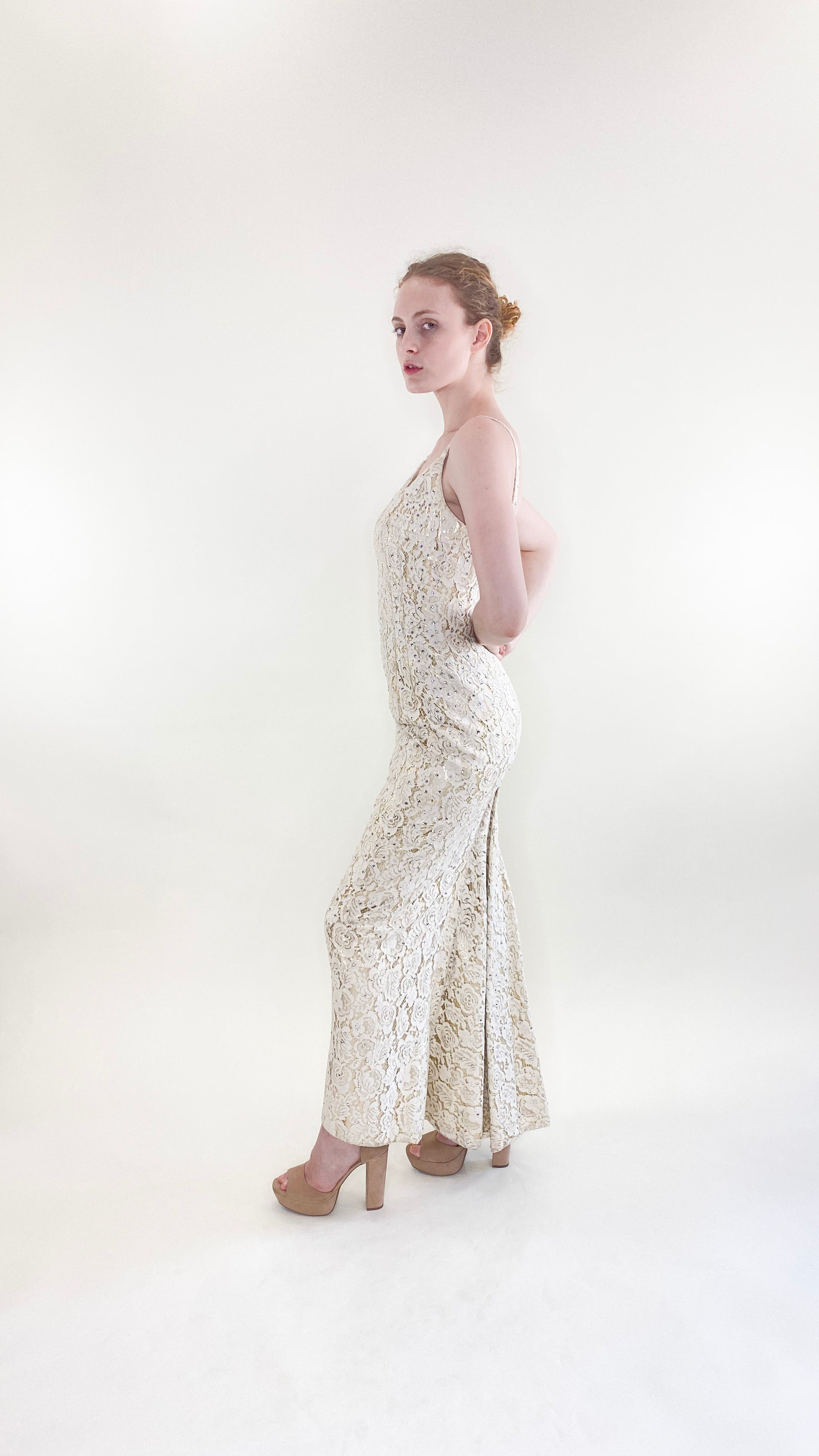 Vintage Mr. Blackwell 1960's White Lace with Lamé & Rhinestone Gown - The Kit Vintage