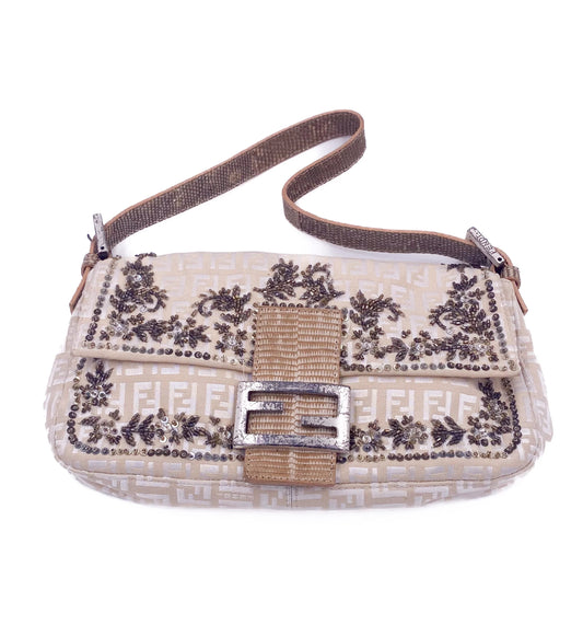 Fendi Cream Embroidered Canvas & Snakeskin 'FF' Logo Beaded Baguette Bag - The Kit Vintage