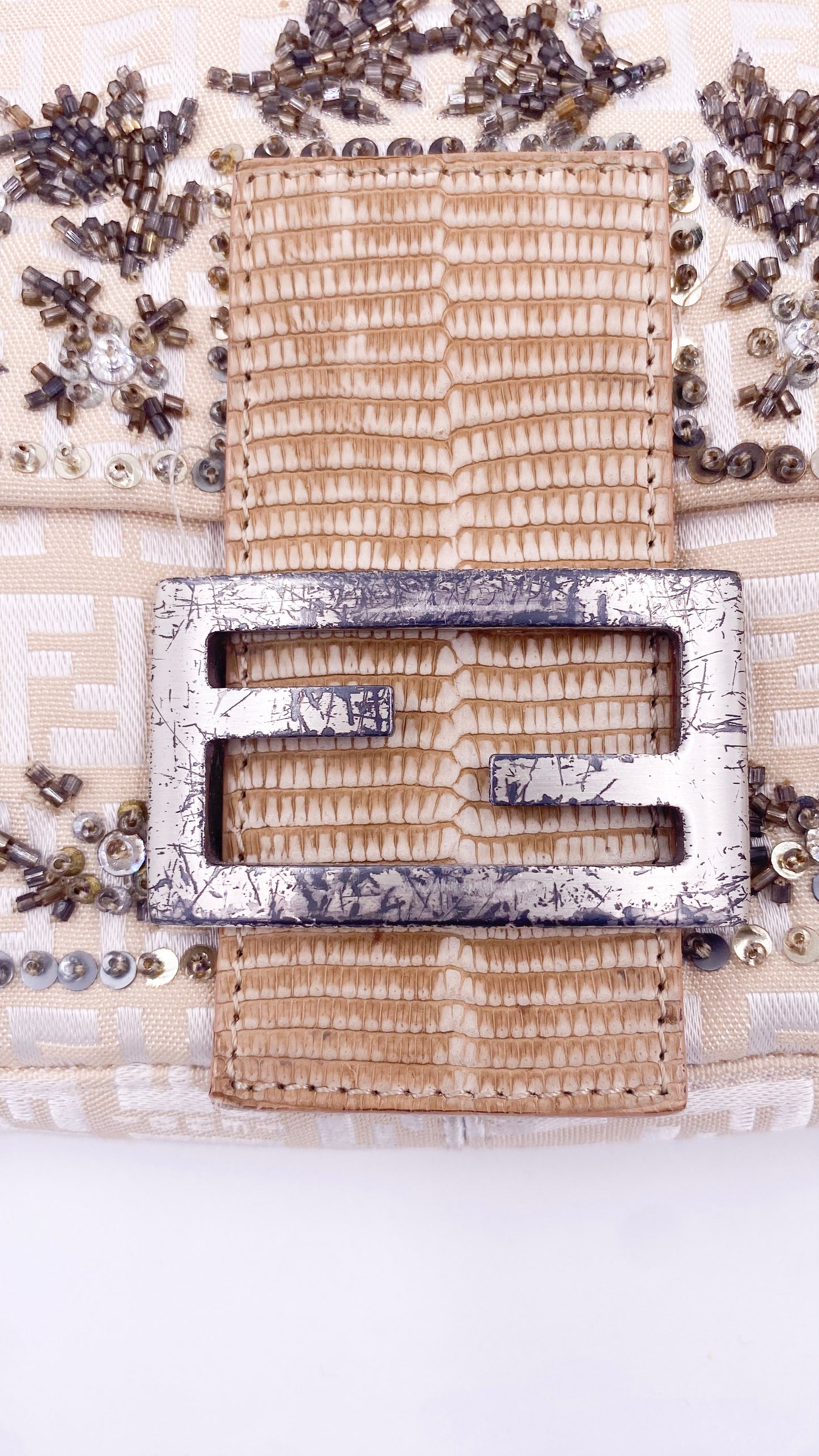 Fendi Cream Embroidered Canvas & Snakeskin 'FF' Logo Beaded Baguette Bag