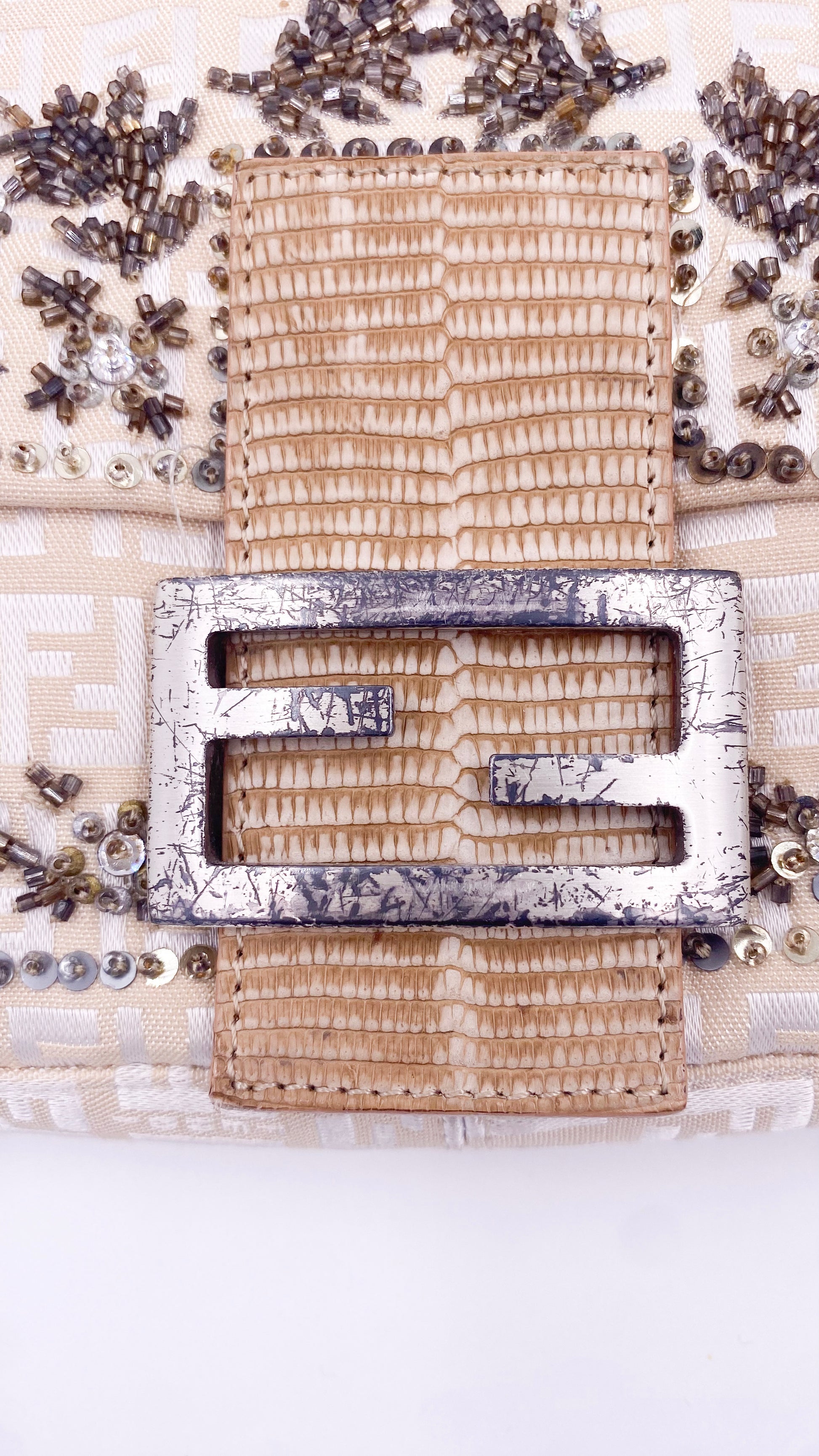 Fendi Cream Embroidered Canvas & Snakeskin 'FF' Logo Beaded Baguette Bag - The Kit Vintage