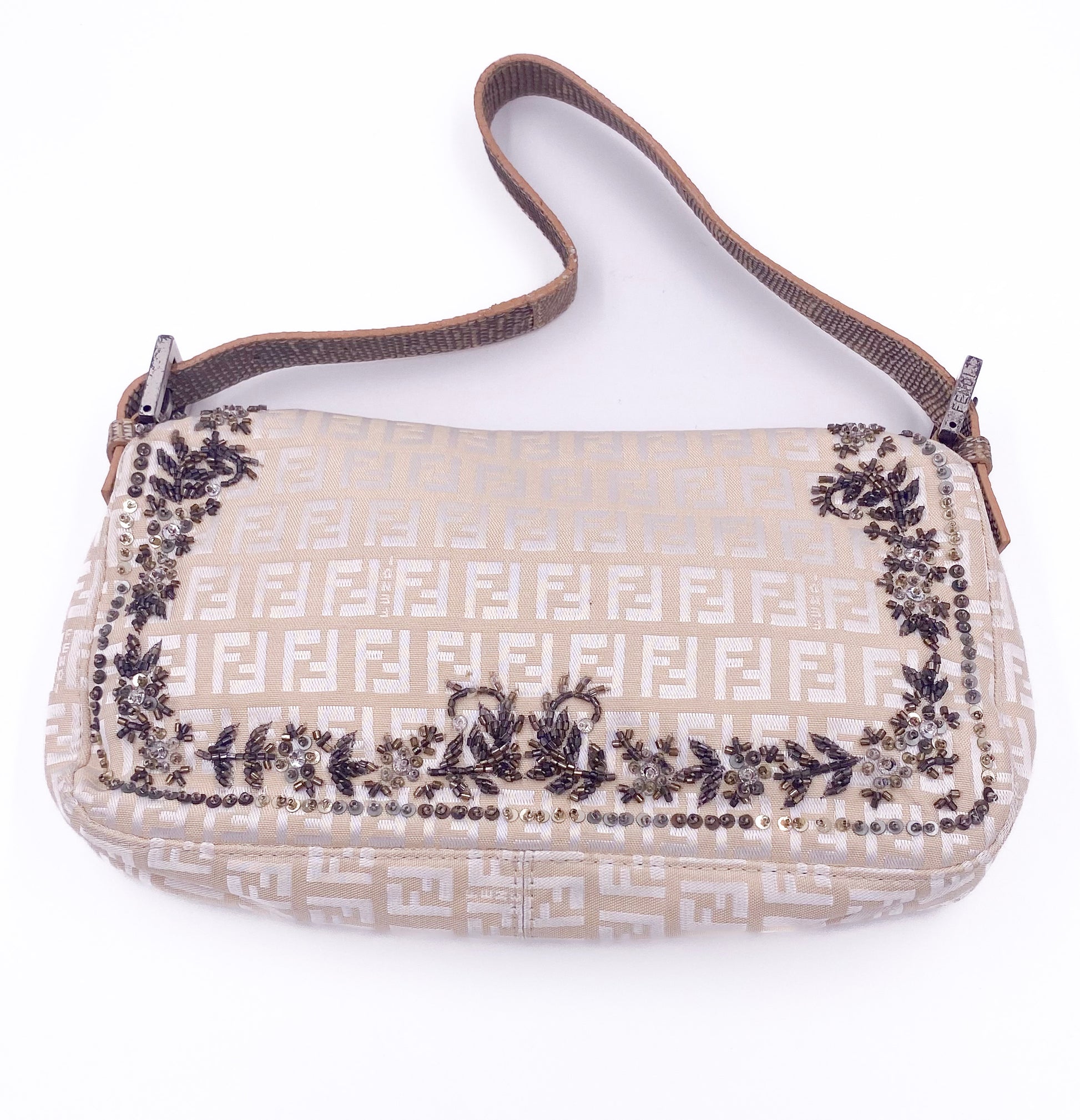 Fendi Cream Embroidered Canvas & Snakeskin 'FF' Logo Beaded Baguette Bag - The Kit Vintage