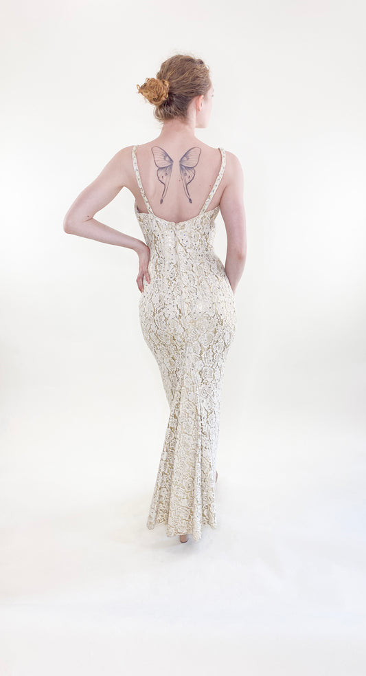 Vintage Mr. Blackwell 1960's White Lace with Lamé & Rhinestone Gown - The Kit Vintage