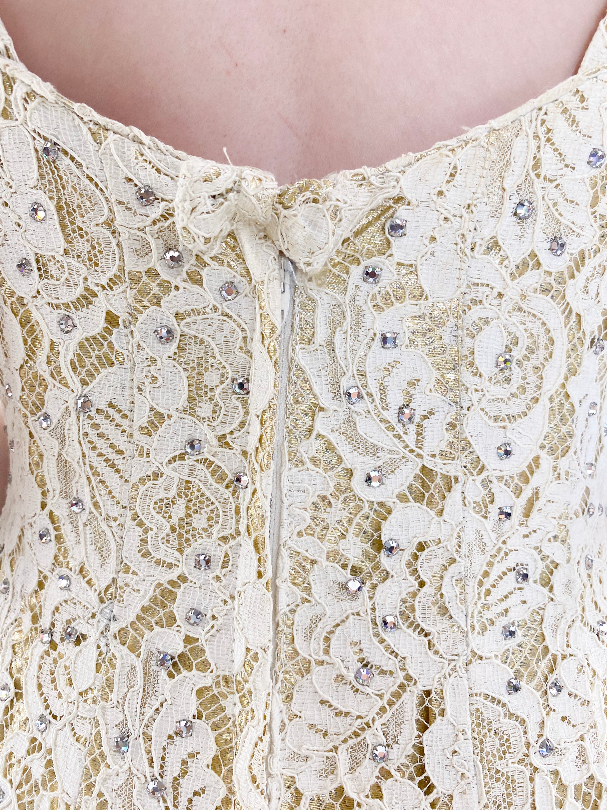 Vintage Mr. Blackwell 1960's White Lace with Lamé & Rhinestone Gown - The Kit Vintage