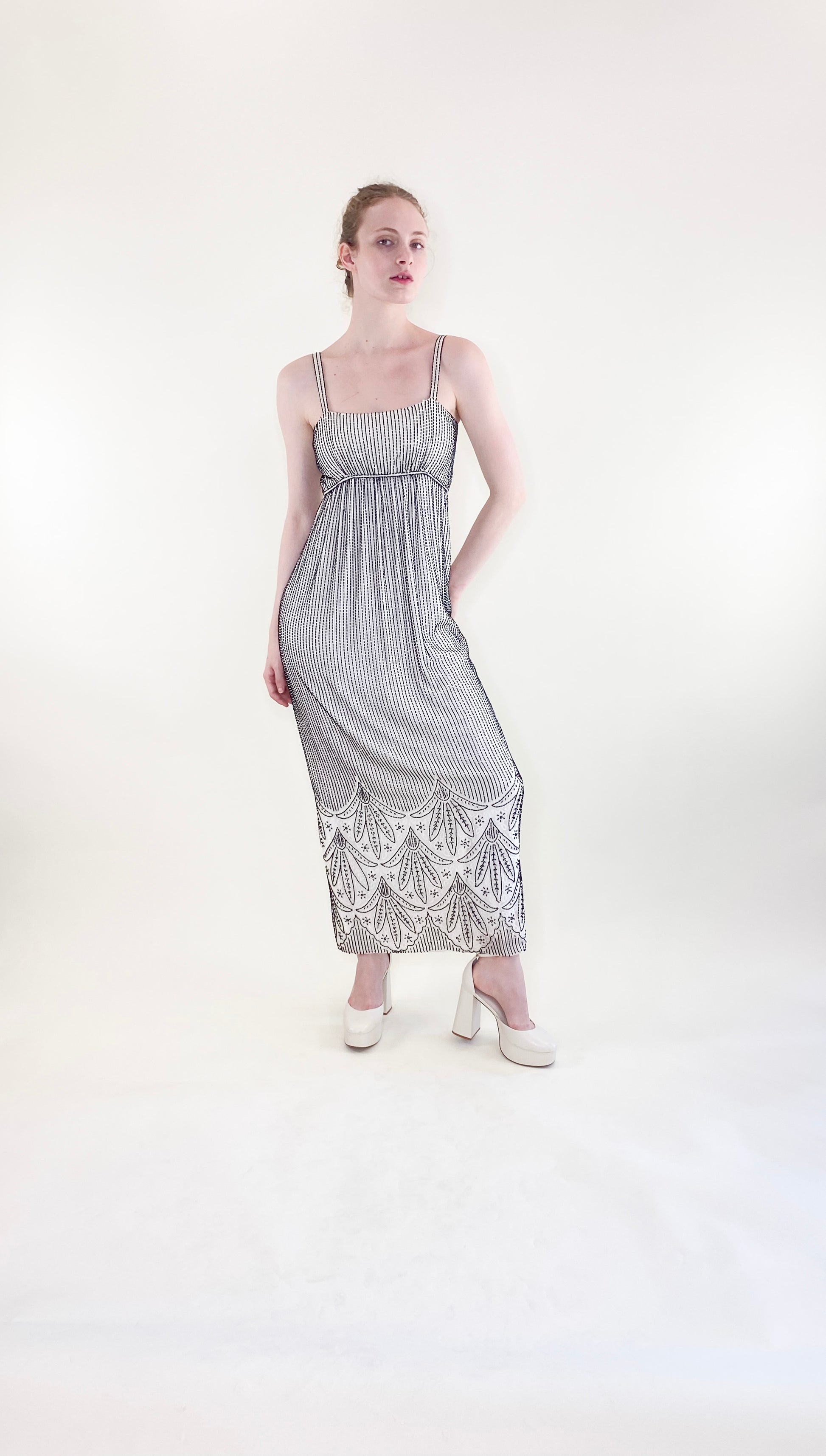 Vintage Alfred Bosand White Gown with Black Beads & Capelet - The Kit Vintage