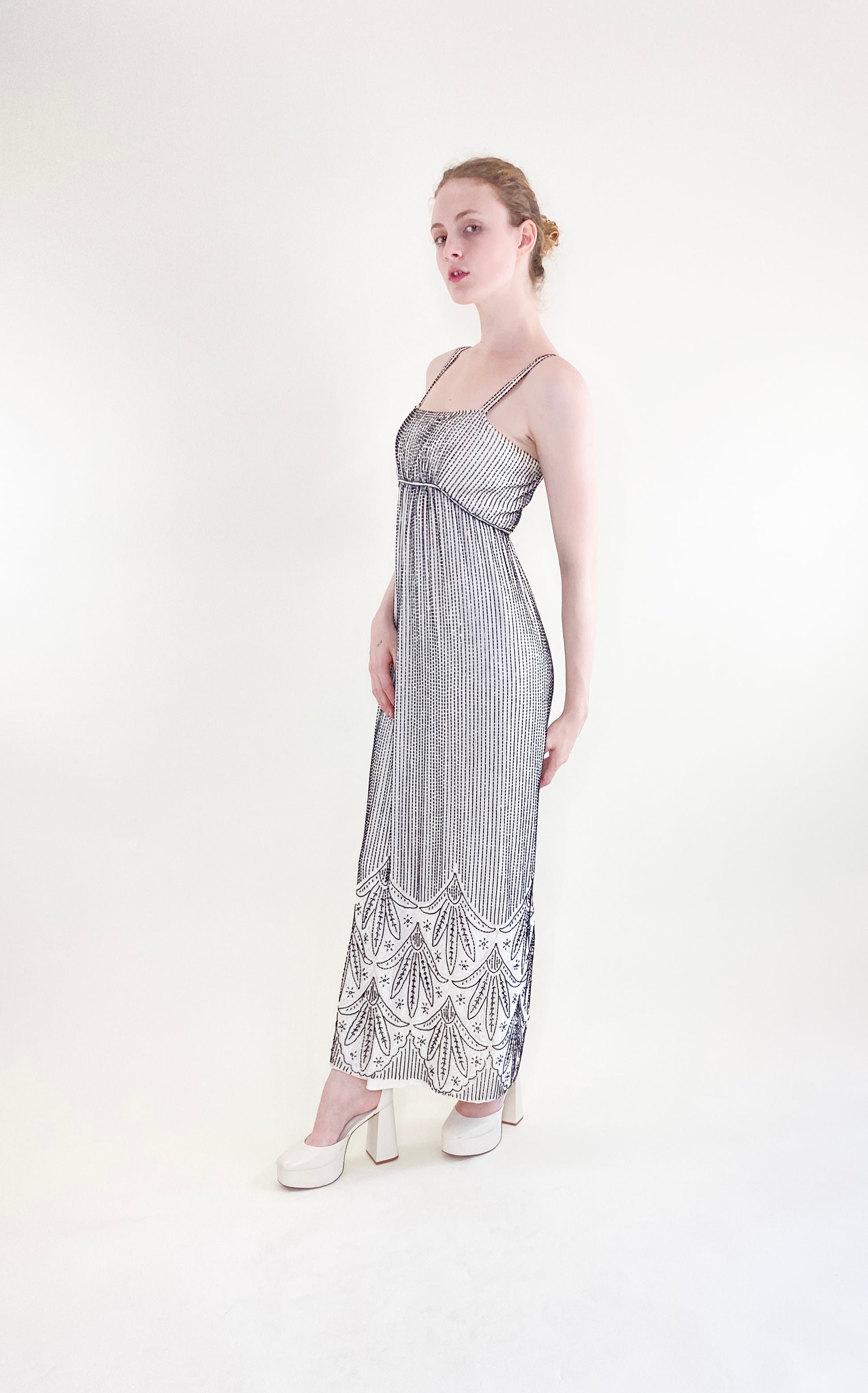 Vintage Alfred Bosand White Gown with Black Beads & Capelet - The Kit Vintage