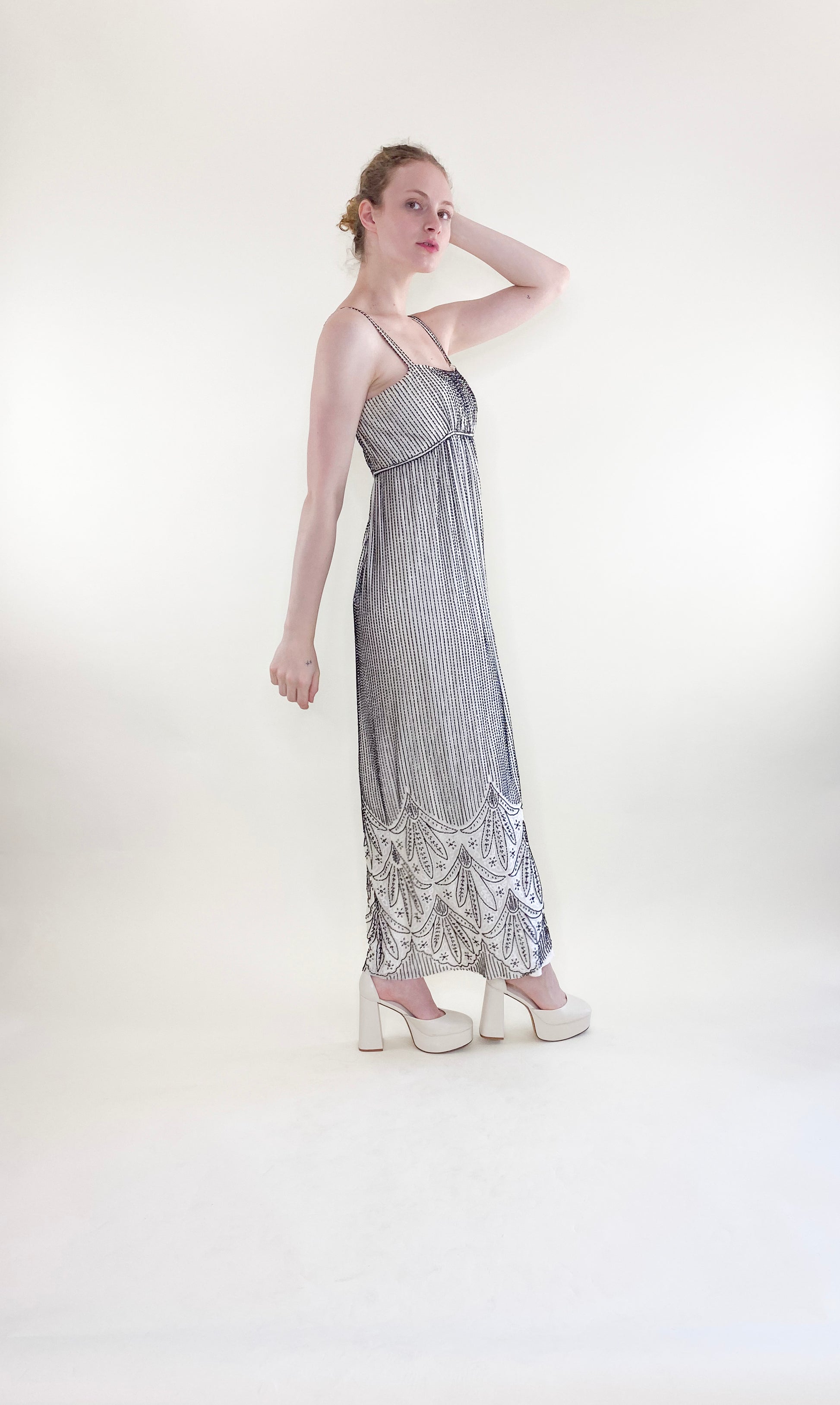 Vintage Alfred Bosand White Gown with Black Beads & Capelet - The Kit Vintage