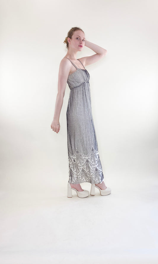 Vintage Alfred Bosand White Gown with Black Beads & Capelet - The Kit Vintage