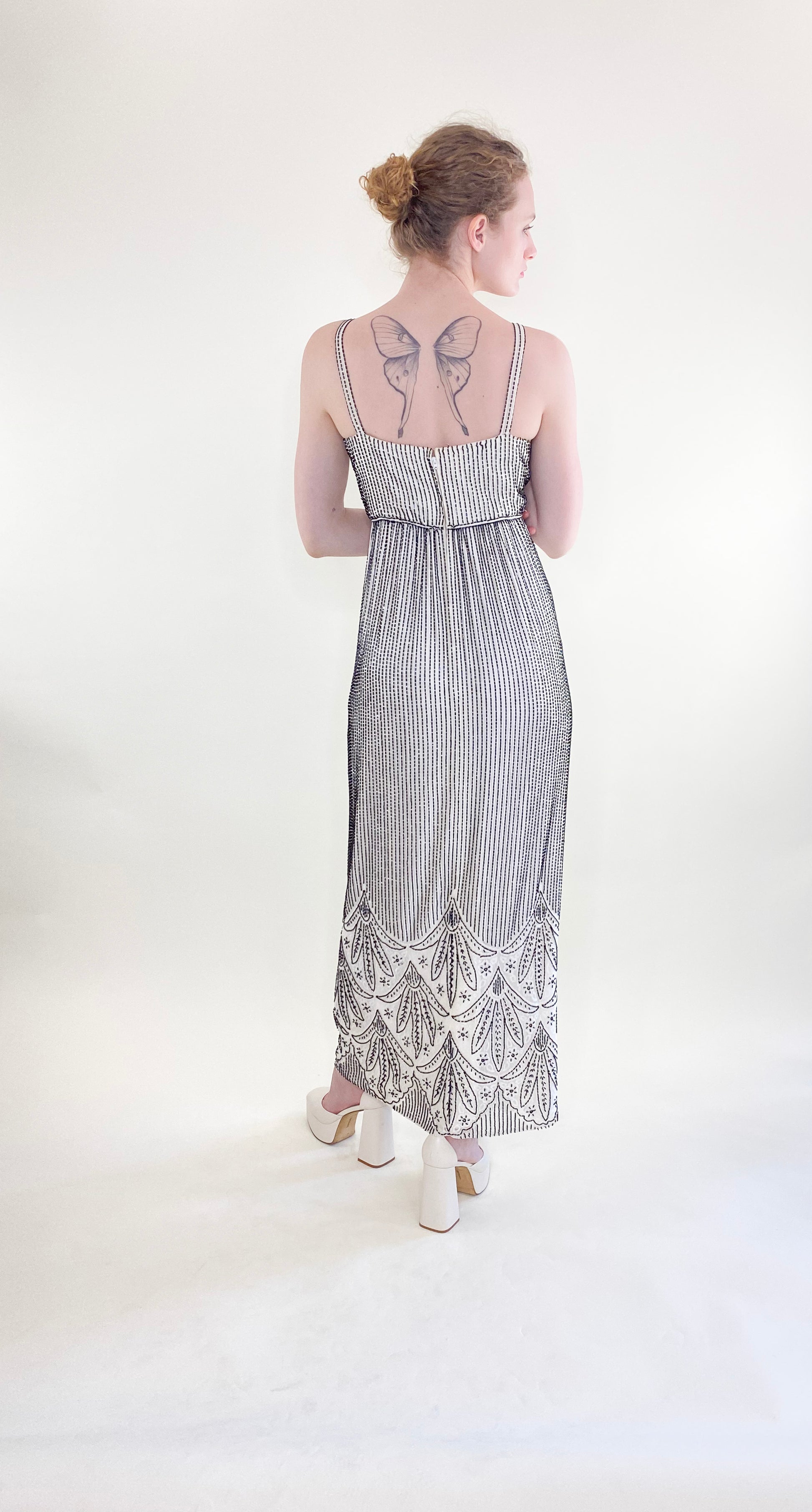 Vintage Alfred Bosand White Gown with Black Beads & Capelet - The Kit Vintage