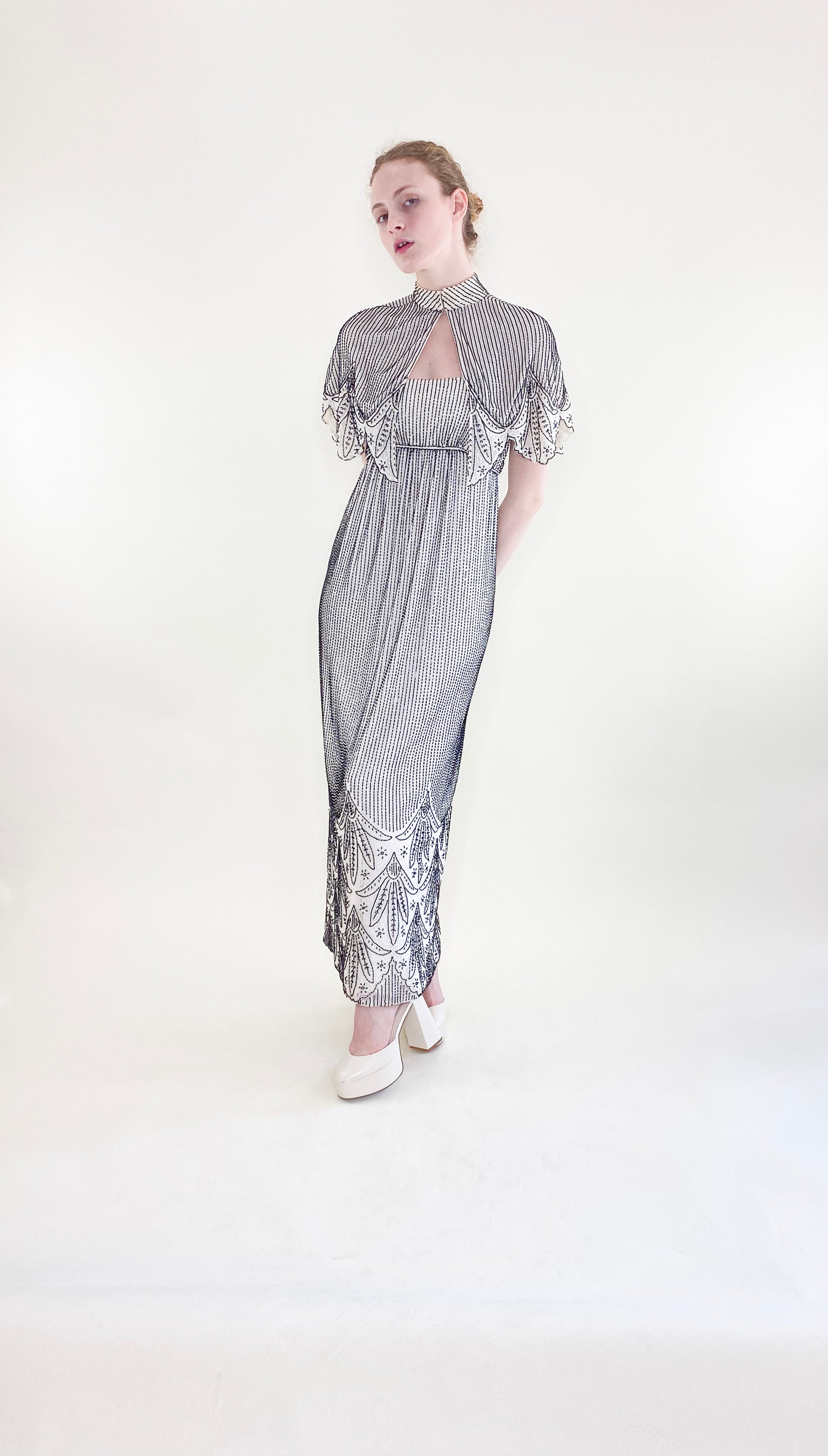 Vintage Alfred Bosand White Gown with Black Beads & Capelet - The Kit Vintage