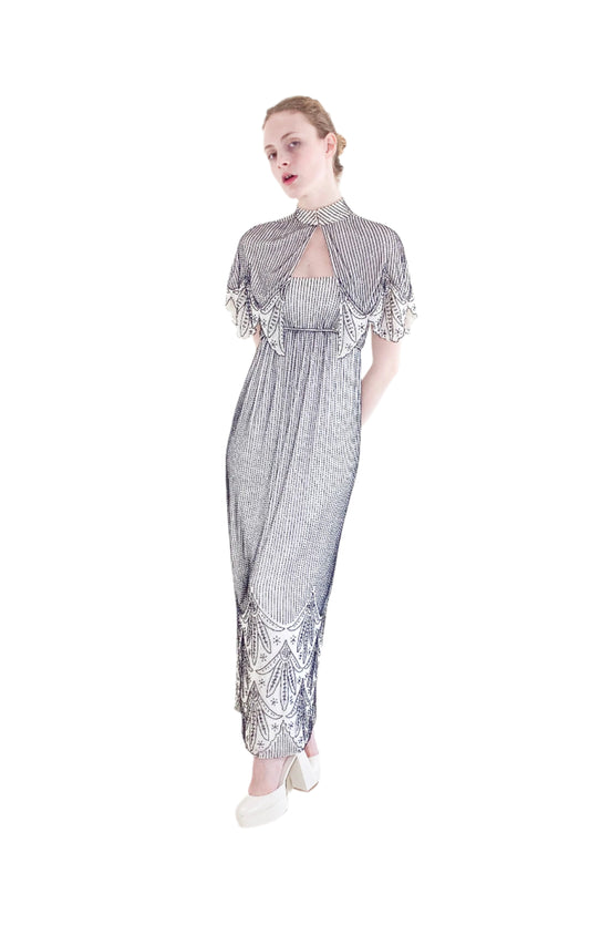 Vintage Alfred Bosand White Gown with Black Beads & Capelet - The Kit Vintage