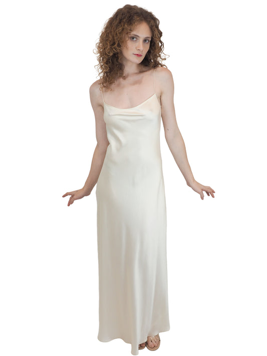a vintage bridal floor-length, satin silk slip gown in an ivory white color
